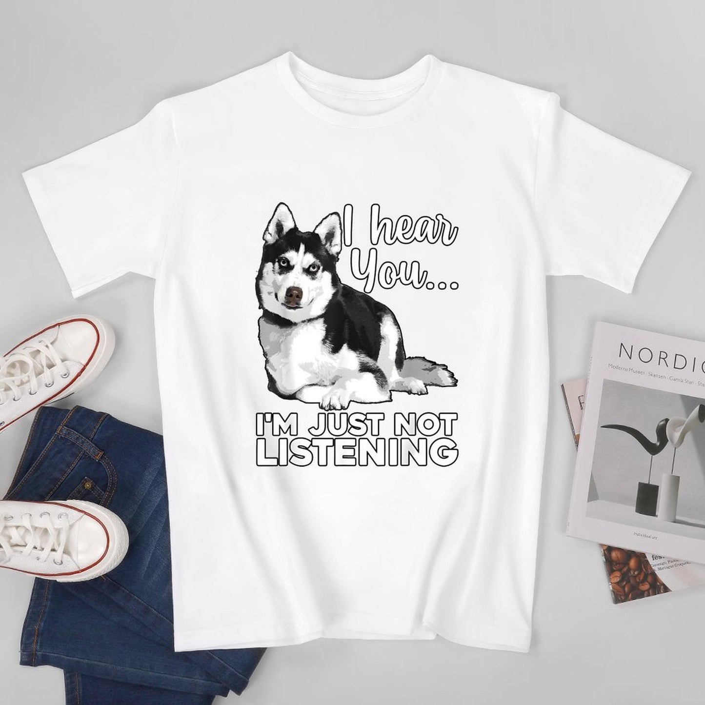 Inkmay Casual Cotton T-shirt Husky Dog With Text Overlay Unisex T-shirtSeamless Sharp T-Shirt