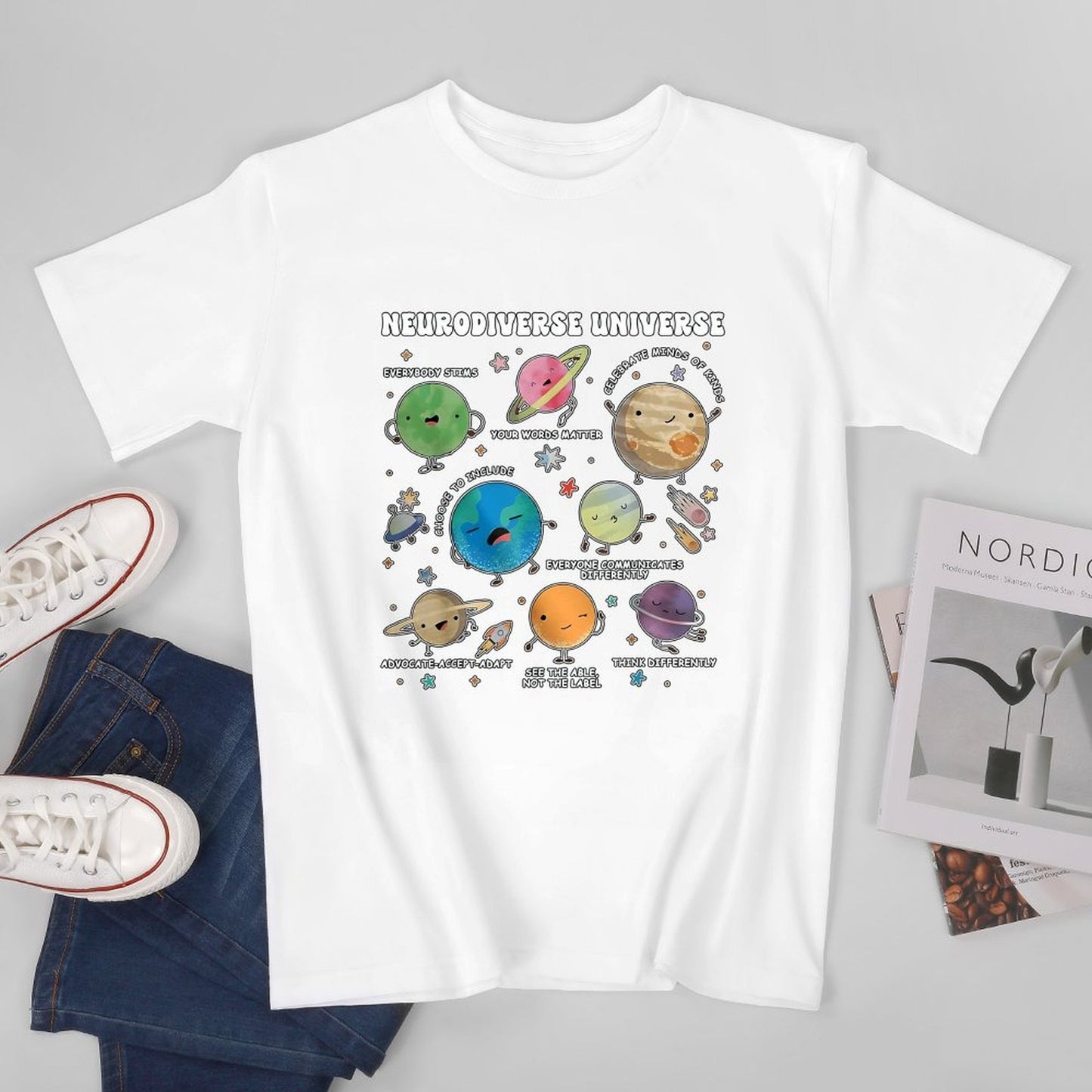 Inkmay Casual Cotton T-shirt Neurodiverse Universe Planets With Friendly Faces Unisex T-shirtMinimal ComfortLine T-Shirt