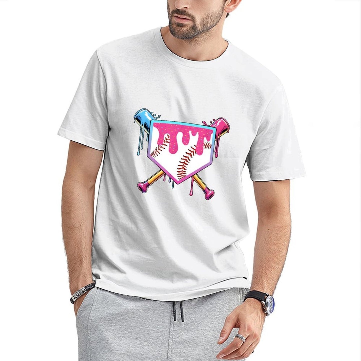 Inkmay Casual Cotton T-shirt Baseball Design With Colorful Paint Drips Unisex T-shirtSeries Printing T-Shirt