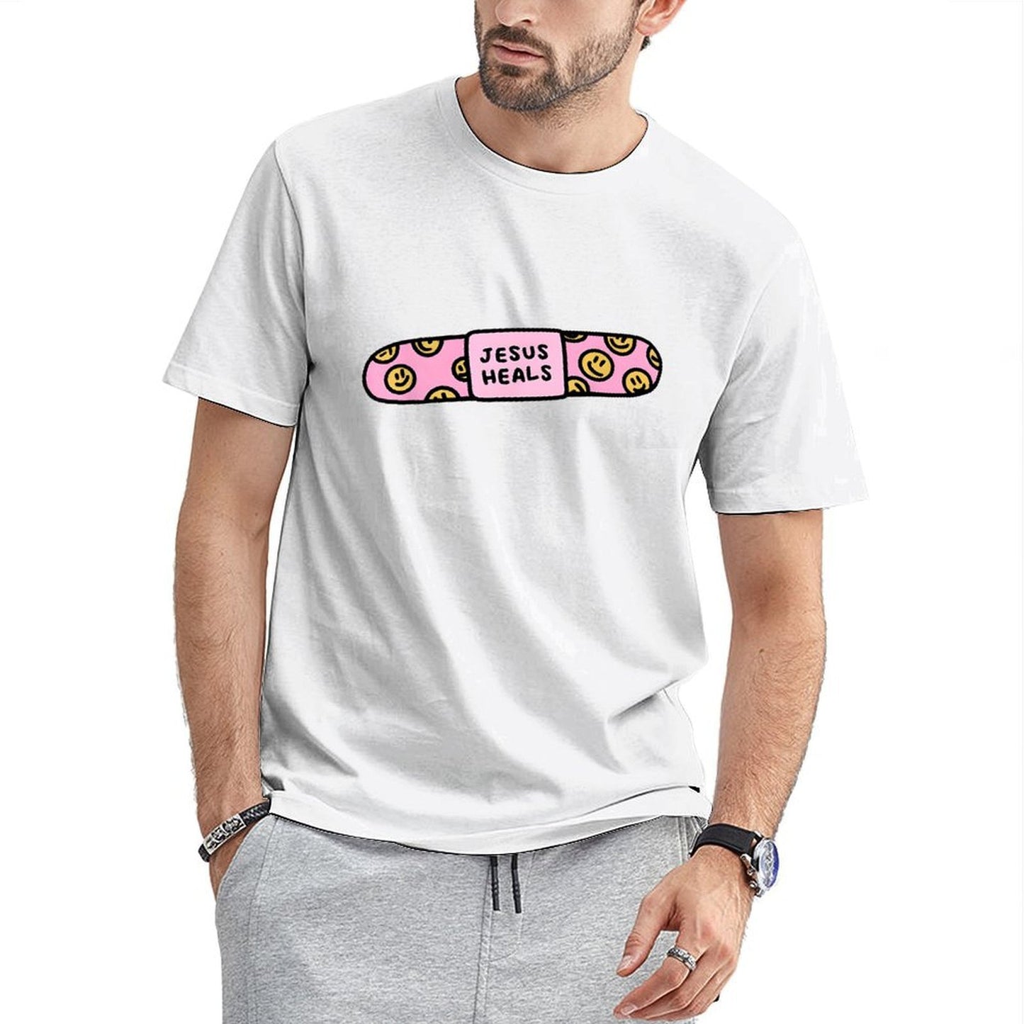 Inkmay Casual Cotton T-shirt Pink Pill With Smiley Faces Pattern Unisex T-shirtMoisture-Wicking LifestyleLine T-Shirt