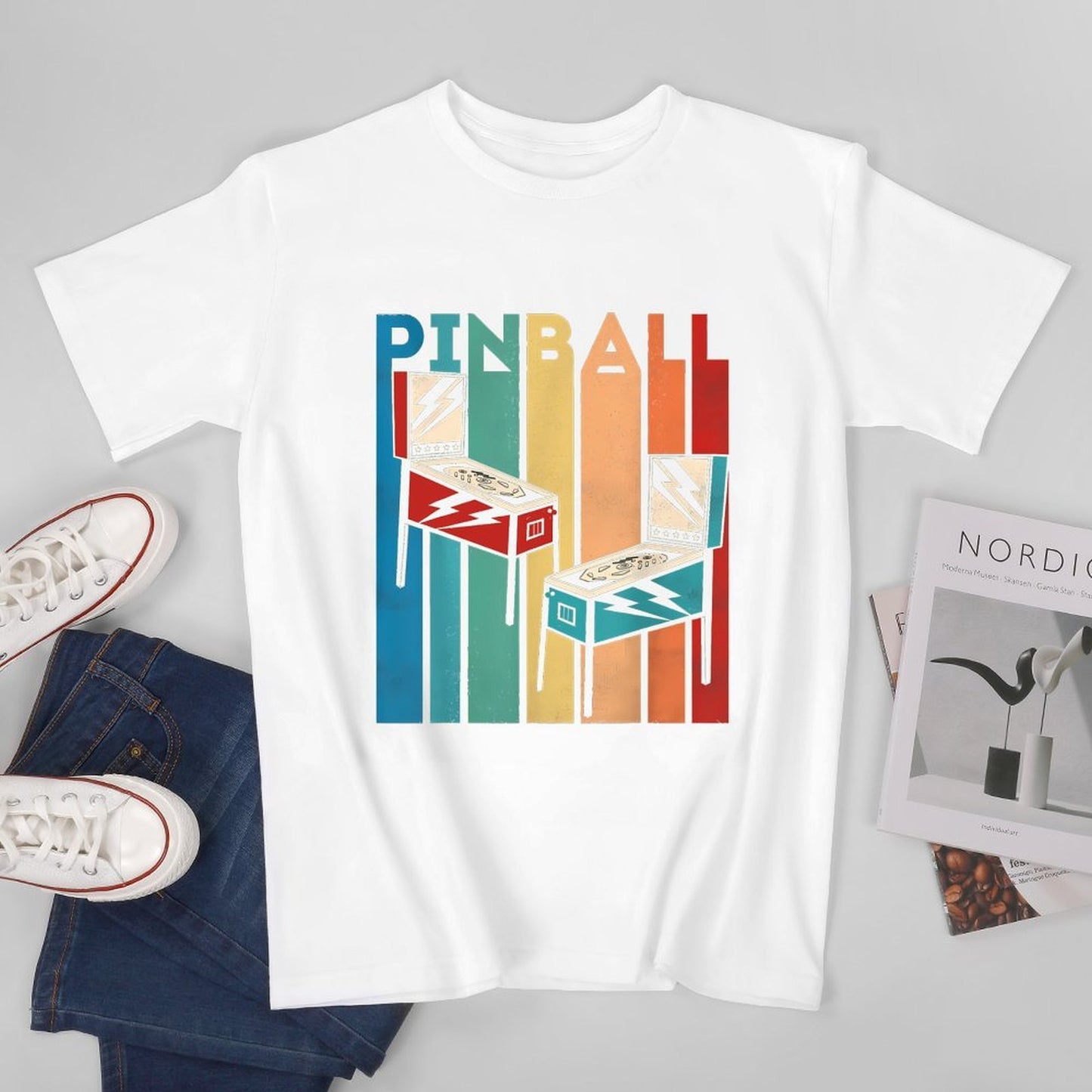 Inkmay Casual Cotton T-shirt Pinball Machines On Colorful Background Unisex T-shirtSolid On-Demand T-Shirt