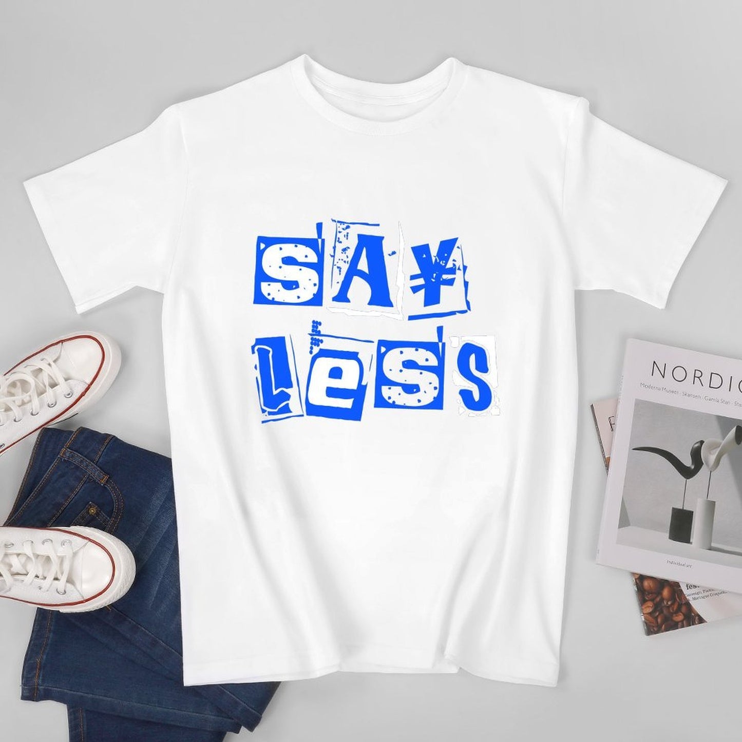 Inkmay Casual Cotton T-shirt Blue Background With White Lettering Design Unisex T-shirt