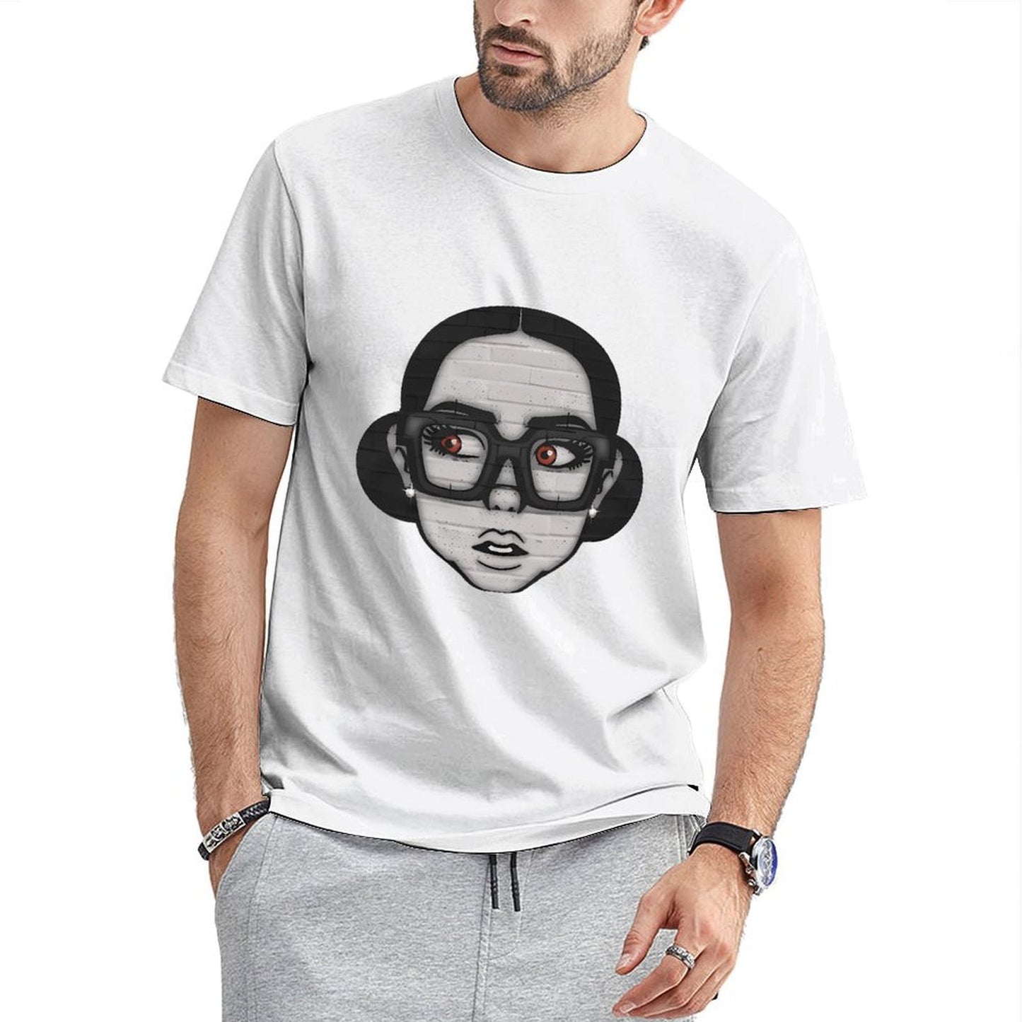 Inkmay Casual Cotton T-shirt Brick Wall Art With Glasses Eyes Unisex T-shirtOutdoor Promotional T-Shirt