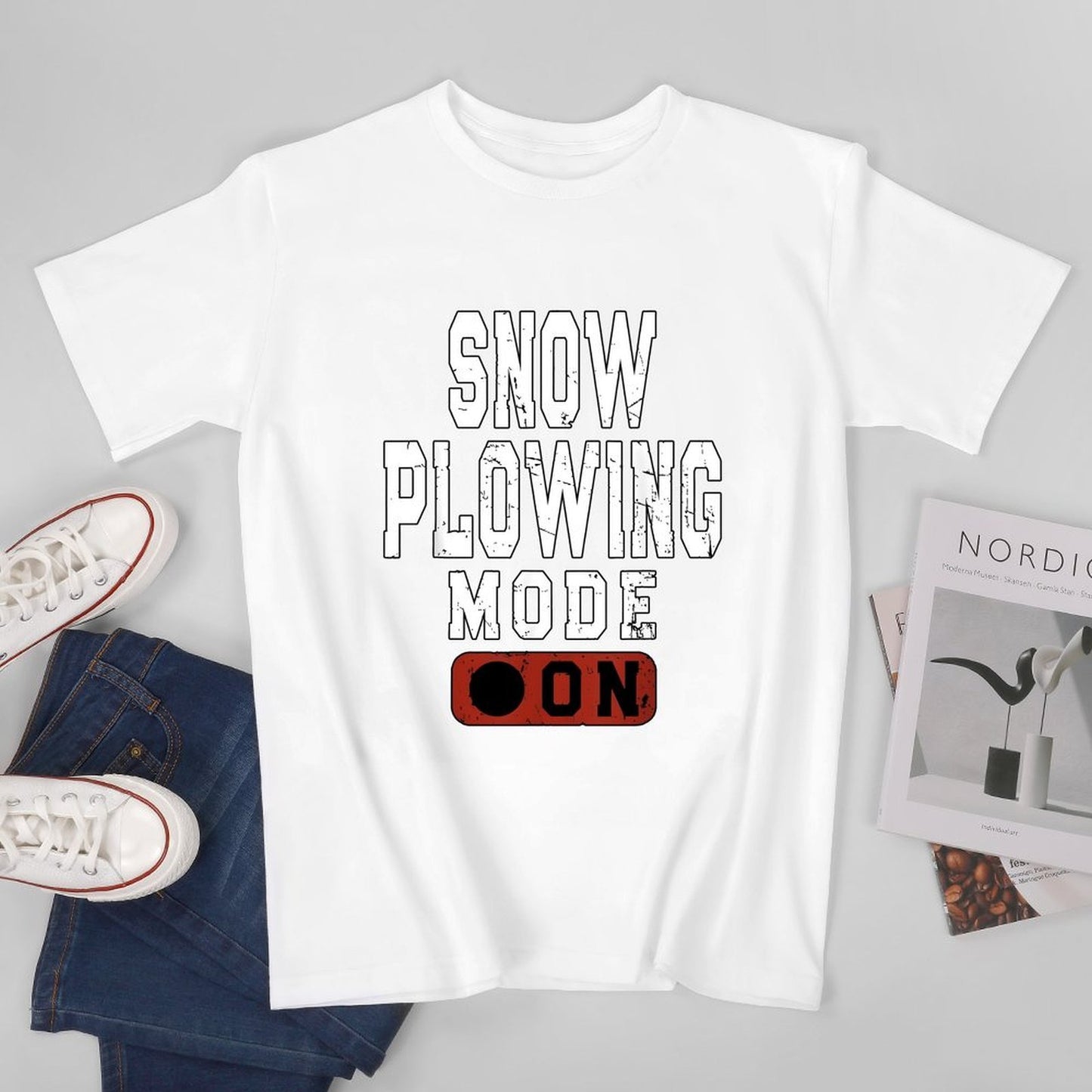 Inkmay Casual Cotton T-shirt Snow Plowing Mode On Print Design Unisex T-shirtWrinkle-Free Smooth Feel T-Shirt