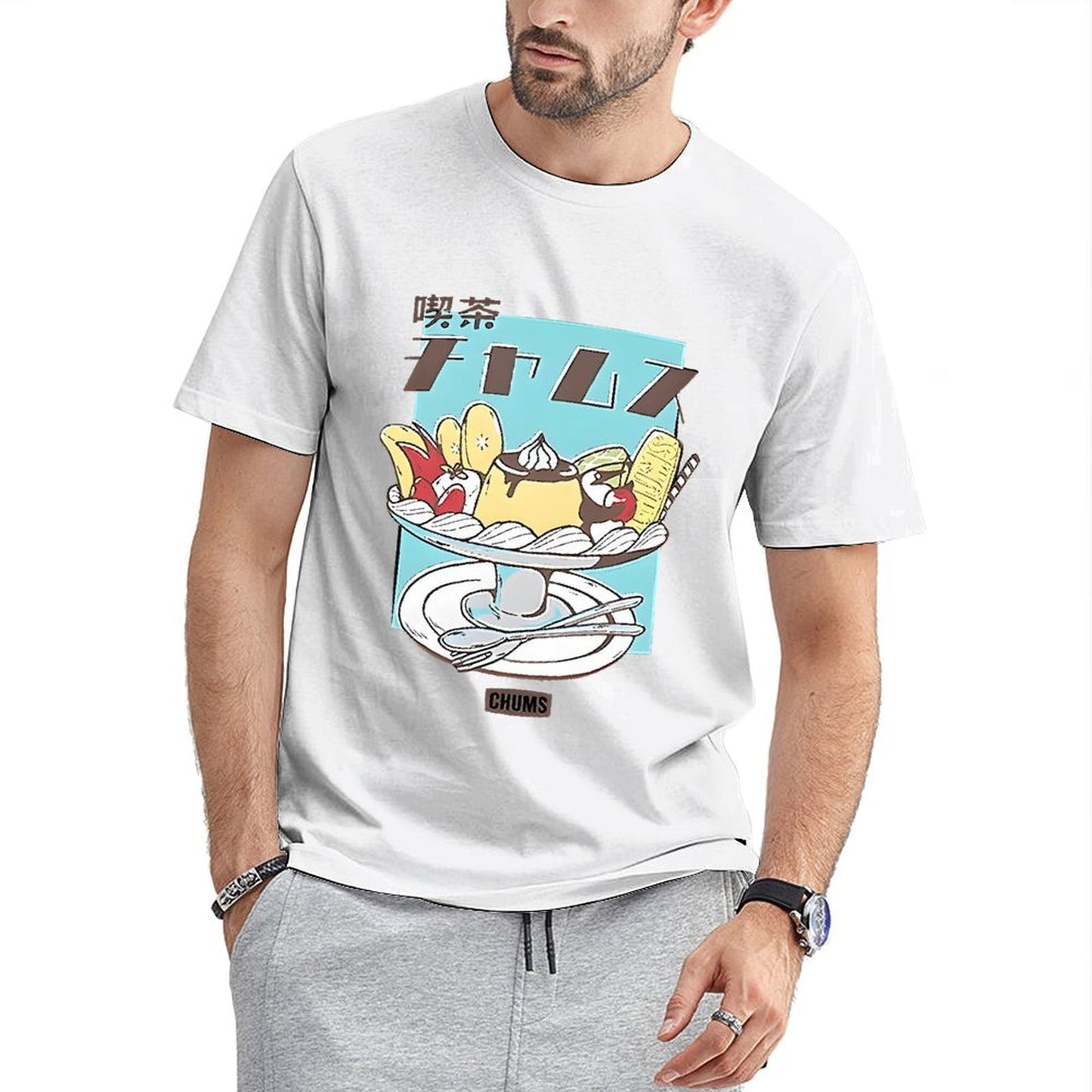 Inkmay Casual Cotton T-shirt Blue Background With White Face Print Unisex T-shirtSharp Colorfast T-Shirt
