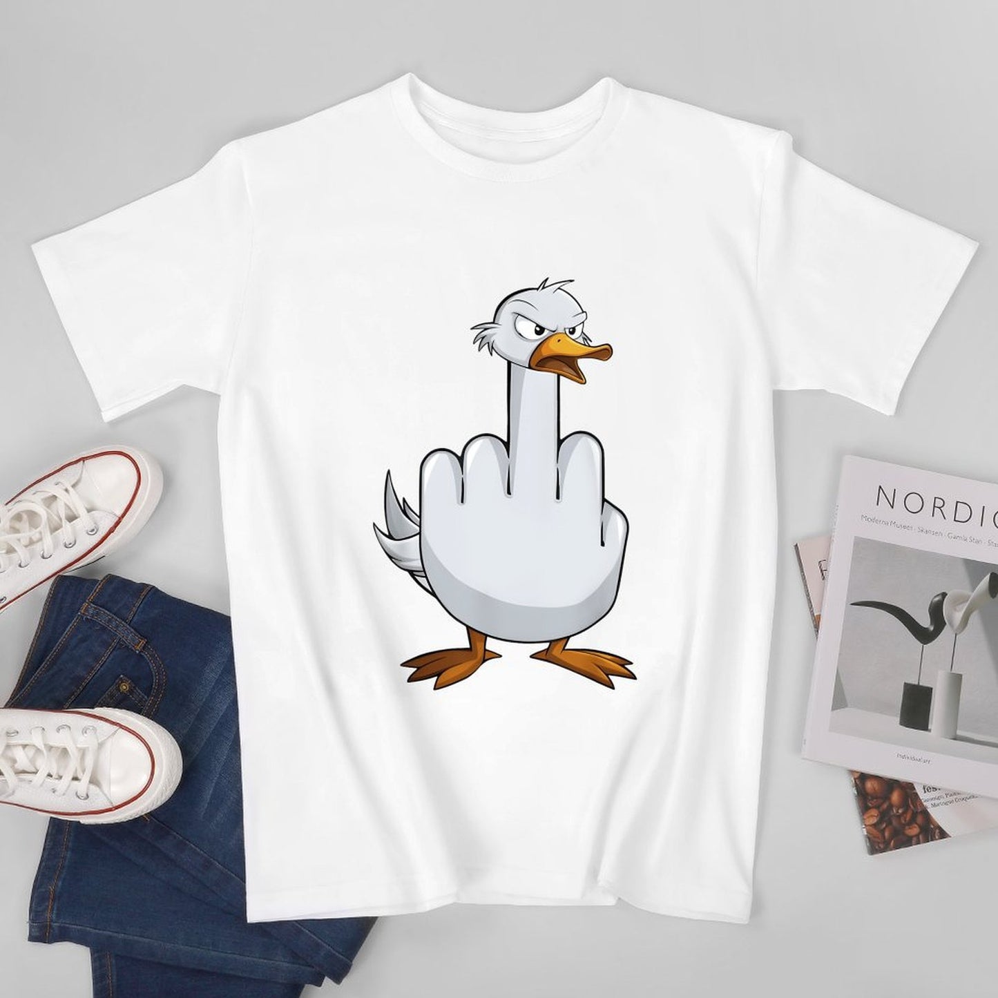 Inkmay Casual Cotton T-shirt Angry Duck Showing Middle Finger Gesture Unisex T-shirtTimeless TimelessComfort T-Shirt