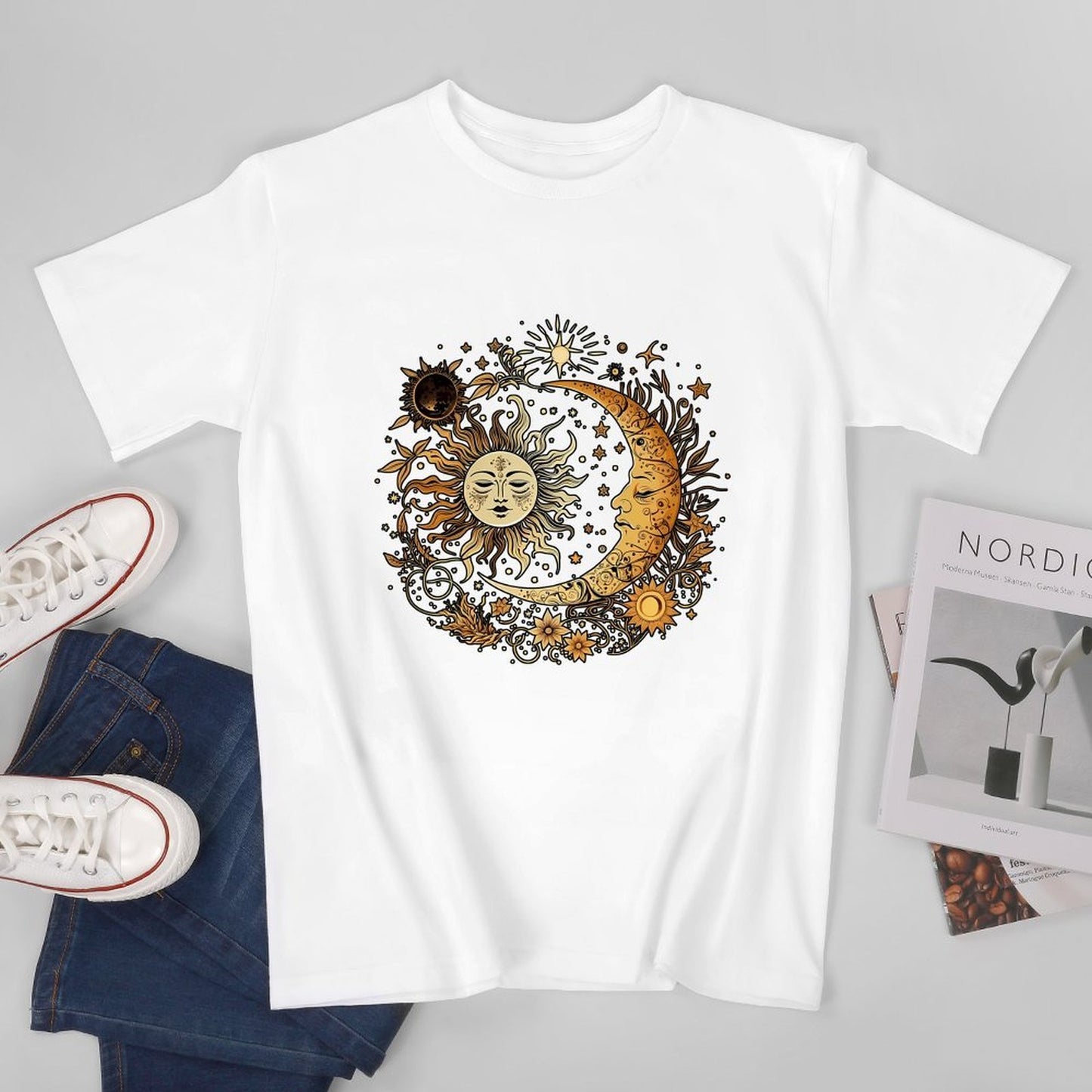 Inkmay Casual Cotton T-shirt Celestial Sun Moon Stars Art Print Unisex T-shirt
