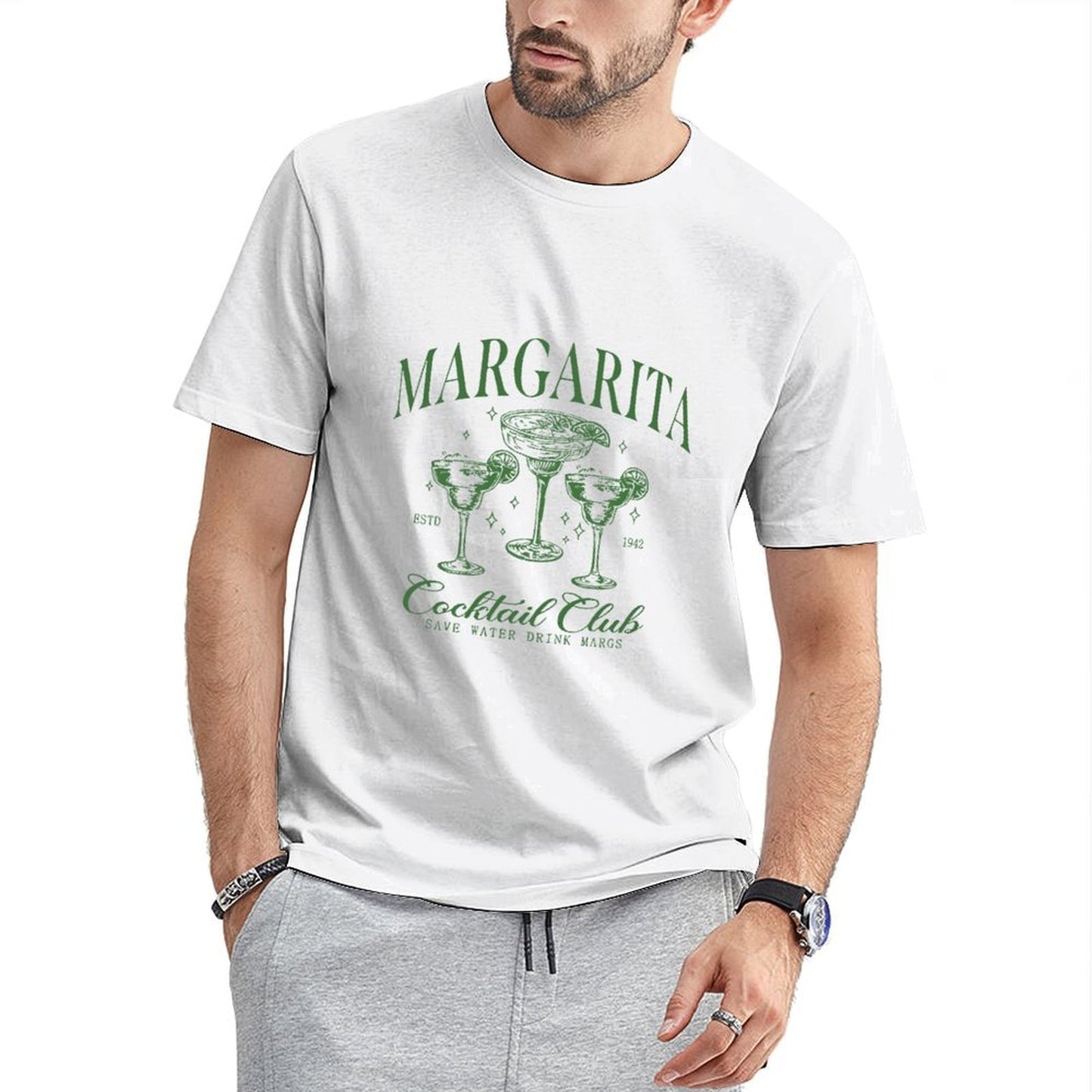 Inkmay Casual Cotton T-shirt Green Margarita Cocktail Glass Pattern Design Unisex T-shirtCrew Neck DailyFit T-Shirt
