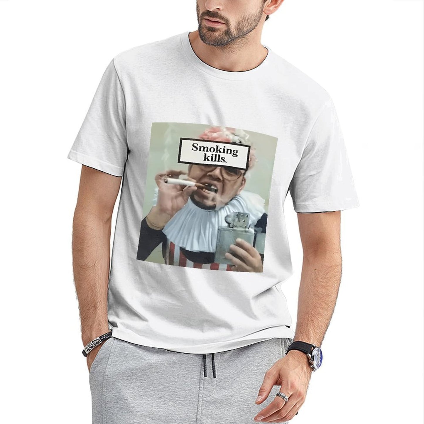 Inkmay Casual Cotton T-shirt Man Smoking Cigarette With Warning Label Unisex T-shirtNatural Tear-Resistant T-Shirt