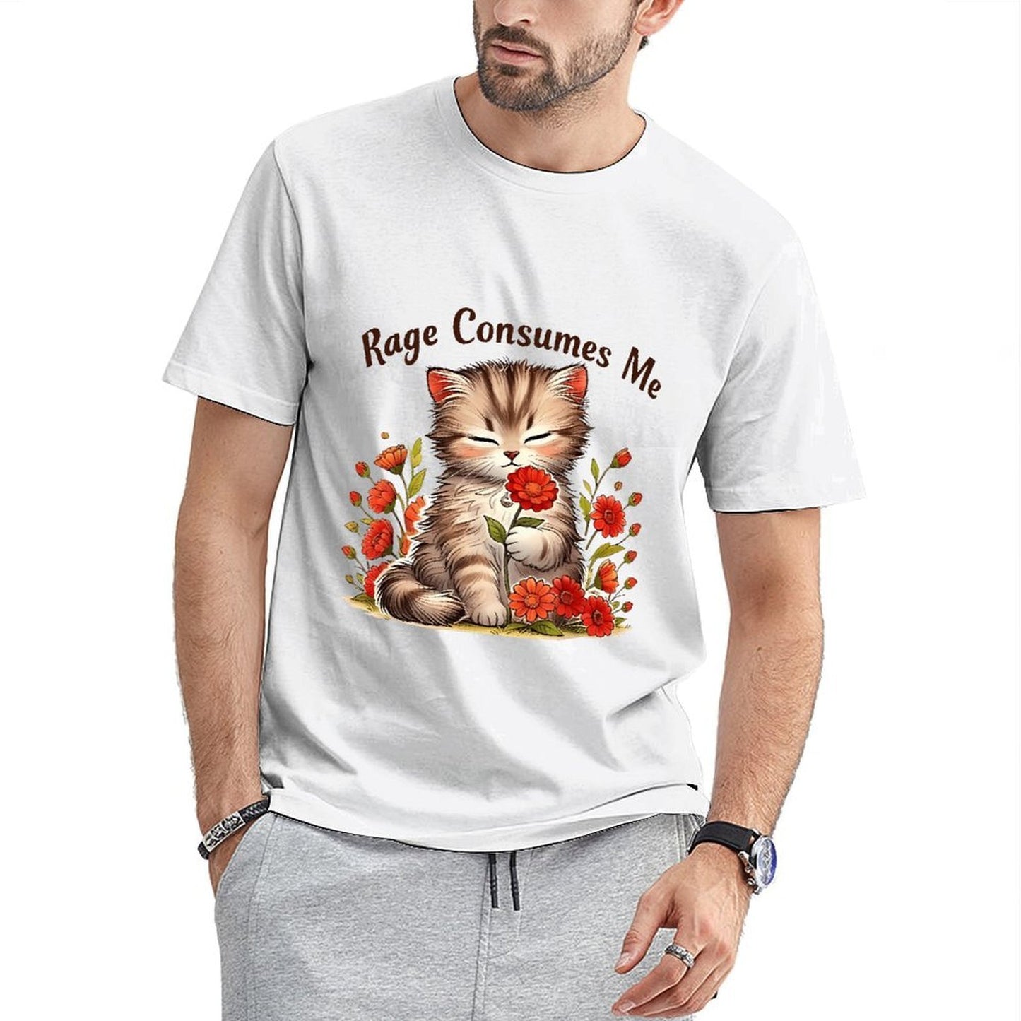 Inkmay Casual Cotton T-shirt Cute Kitten Among Red Flowers Unisex T-shirtCoreLine StreetStyle T-Shirt