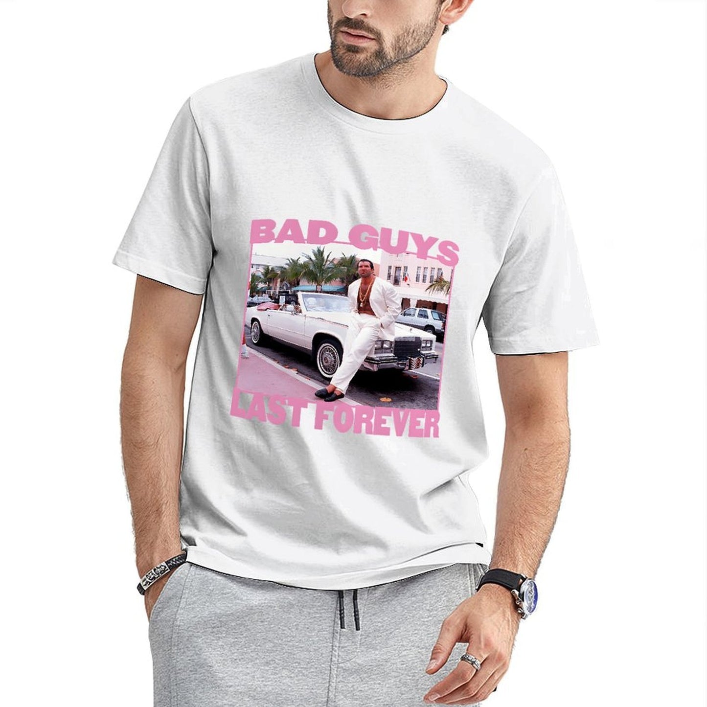 Inkmay Casual Cotton T-shirt Man Sitting On Car Wearing White Unisex T-shirtSmoothWear ClassicSeries T-Shirt