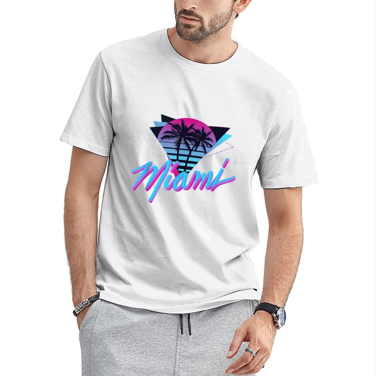 Inkmay Casual Cotton T-shirt Miami Sunset Palm Trees Art Print Unisex T-shirtSmooth Feel TrueFit T-Shirt