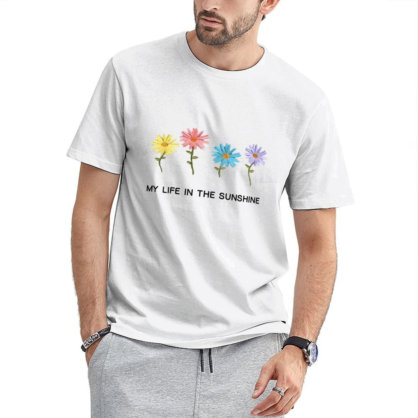 Inkmay Casual Cotton T-shirt Colorful Flowers On White Background Design Unisex T-shirtClassicSeries Tear-Resistant T-Shirt