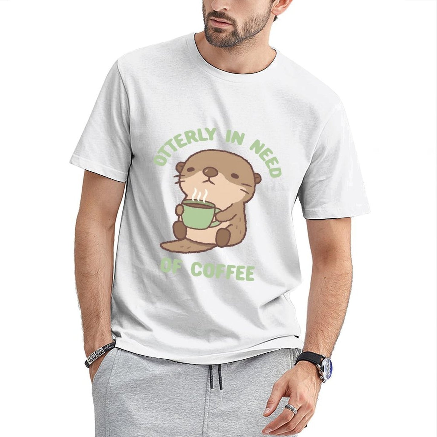 Inkmay Casual Cotton T-shirt Cute Otter Holding Green Coffee Cup Unisex T-shirtMade-to-Order Essential T-Shirt