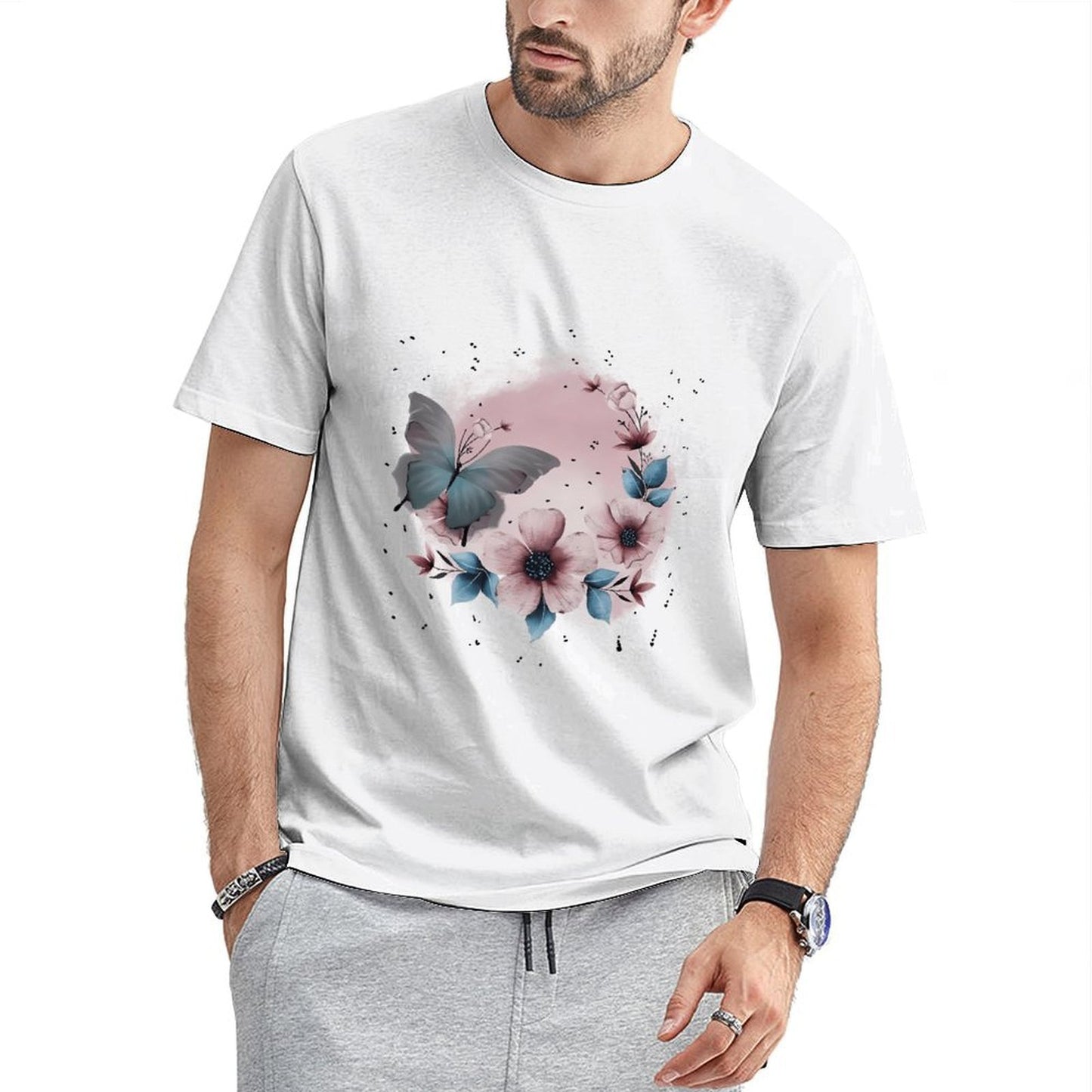 Inkmay Casual Cotton T-shirt Floral Butterfly Design With Soft Colors Unisex T-shirtCotton Printing T-Shirt