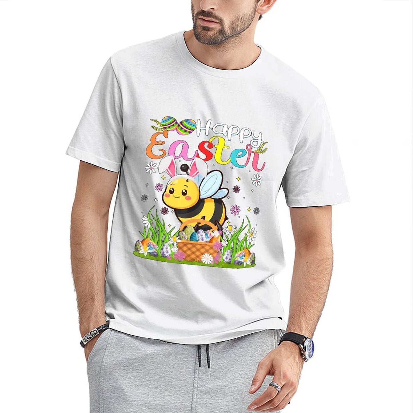Inkmay Casual Cotton T-shirt Happy Easter Bee With Eggs Unisex T-shirtPure Classic Fit T-Shirt