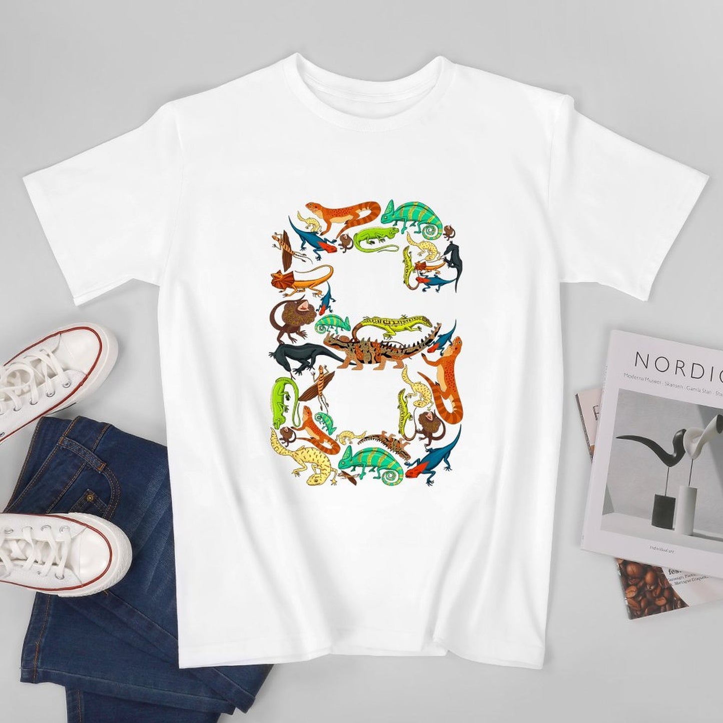 Inkmay Casual Cotton T-shirt Colorful Chameleons In Various Positions Unisex T-shirt