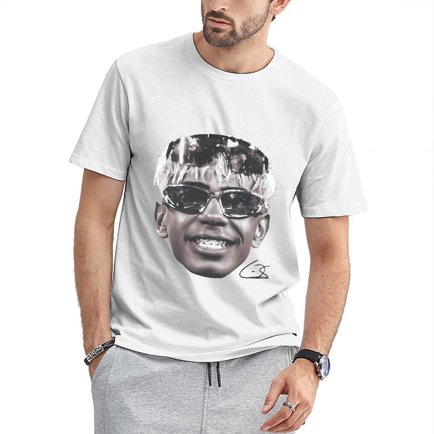 Inkmay Casual Cotton T-shirt Stylized Face With Reflective Sunglasses Design Unisex T-shirtSport YearRound T-Shirt