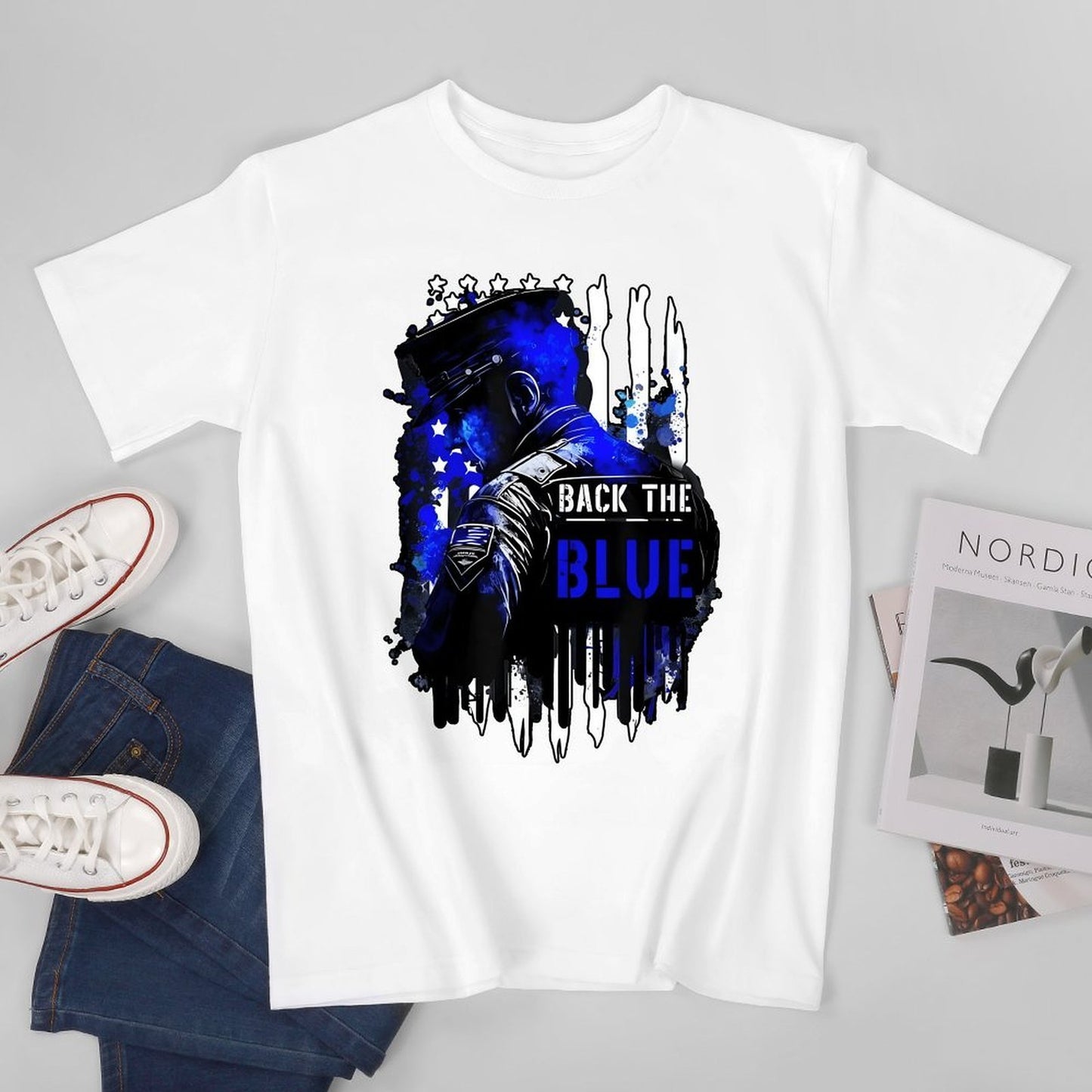 Inkmay Casual Cotton T-shirt Back The Blue Police Support Design Unisex T-shirtEverydaySeries RelaxFit T-Shirt