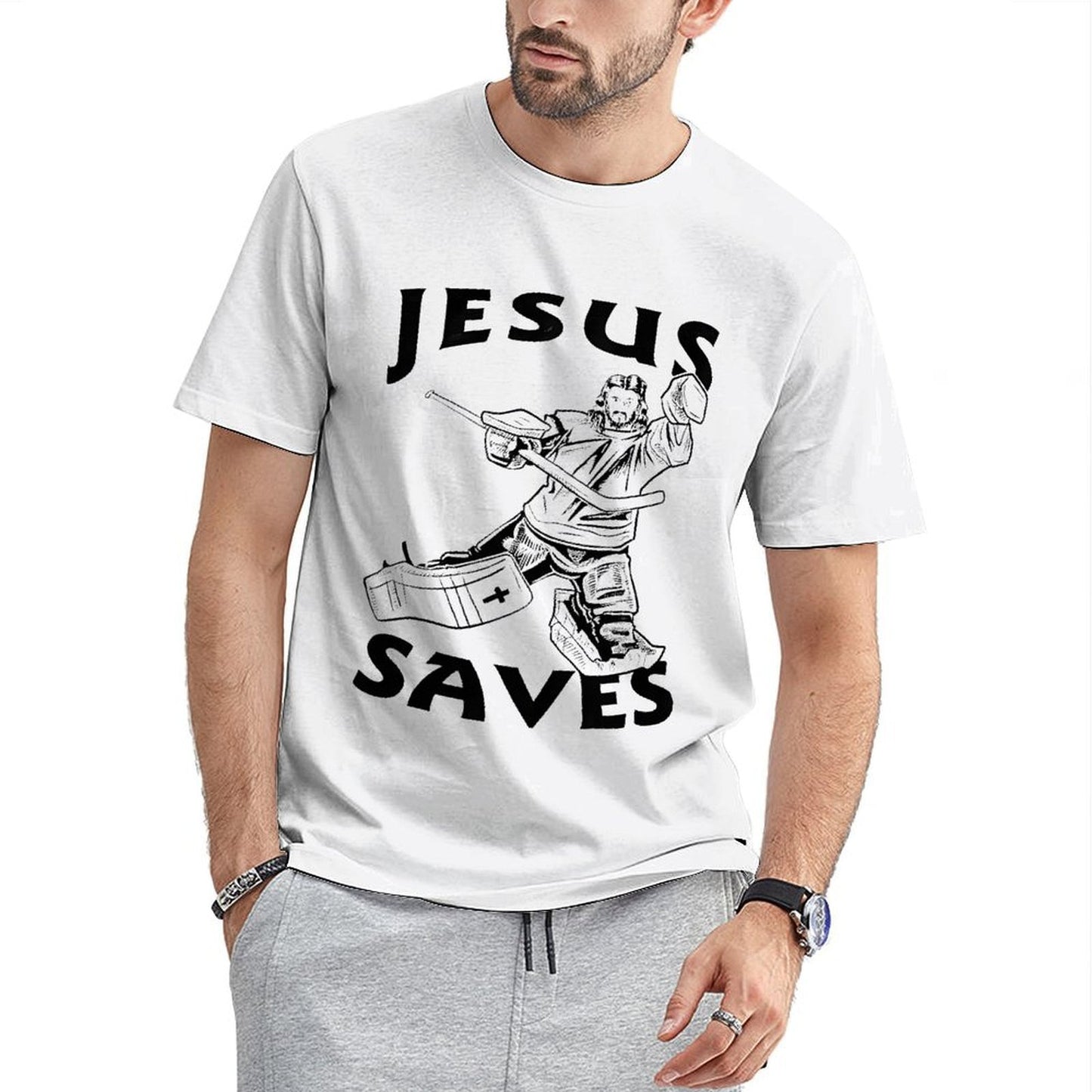 Inkmay Casual Cotton T-shirt Jesus Saves Hockey Goalie Pattern Print Unisex T-shirtClean Edges Outdoor T-Shirt