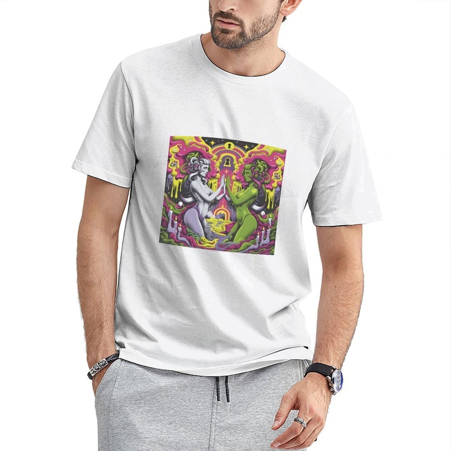 Inkmay Casual Cotton T-shirt Psychedelic Art With Two Figures Unisex T-shirtLightweight Made-to-Order T-Shirt