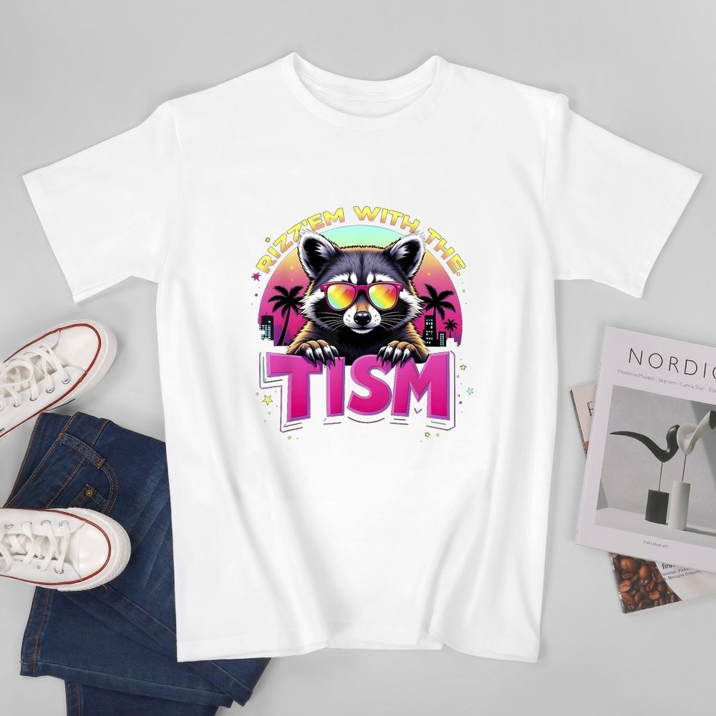 Inkmay Casual Cotton T-shirt Cool Raccoon With Sunglasses And Palm Unisex T-shirtHigh-Quality BasicSeries T-Shirt