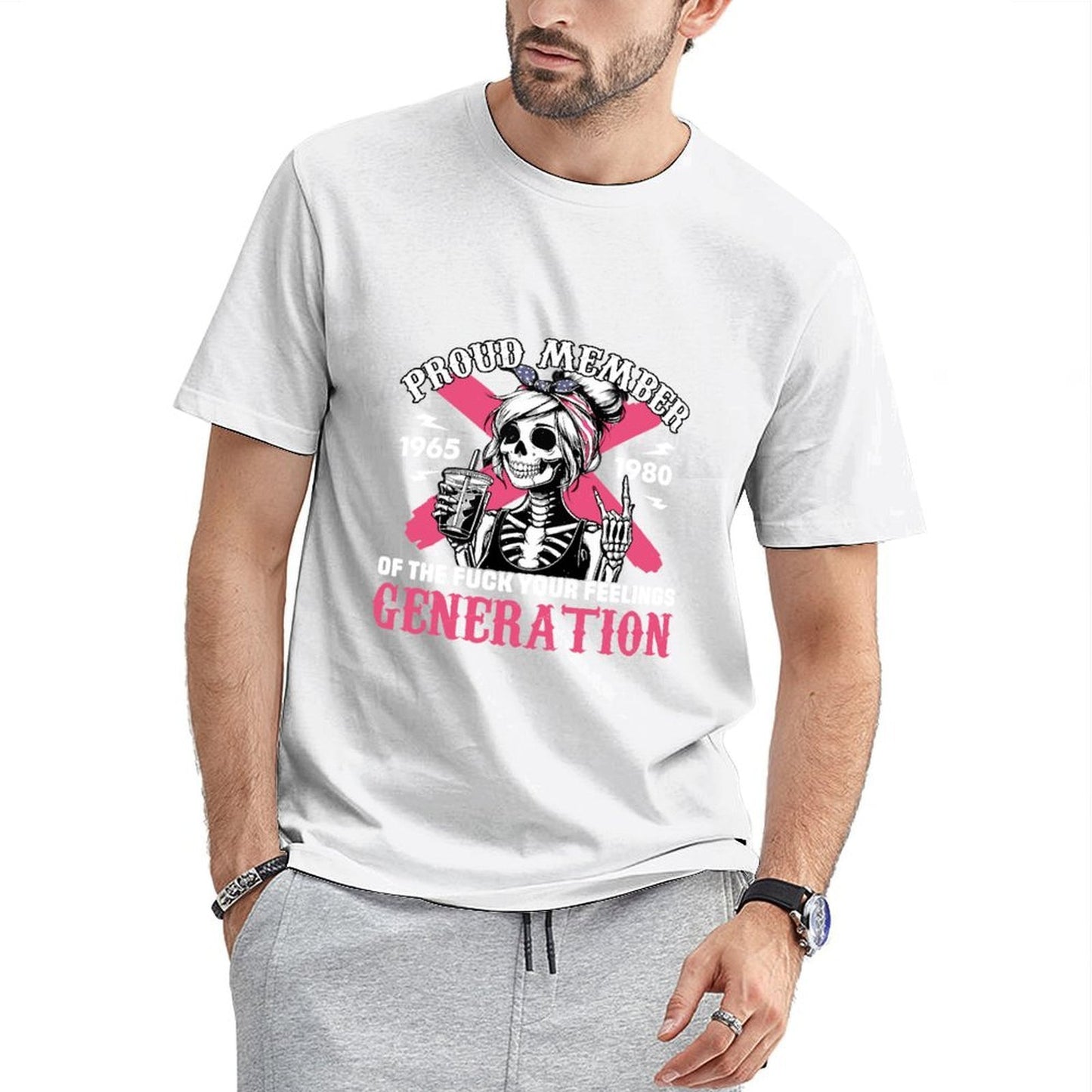 Inkmay Casual Cotton T-shirt Proud Member Skeleton Girl Pink Background Unisex T-shirtStrong V-Neck T-Shirt