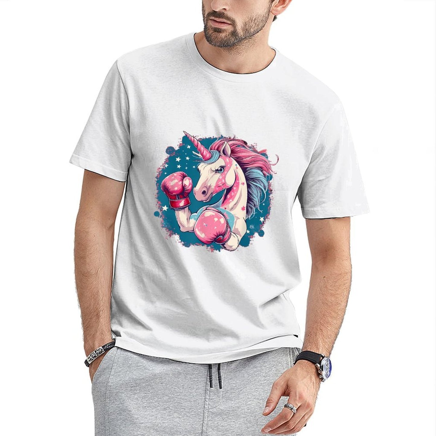 inkmay-casual-cotton-t-shirt-boxing-unicorn-with-pink-mane-unisex-t-shirt
