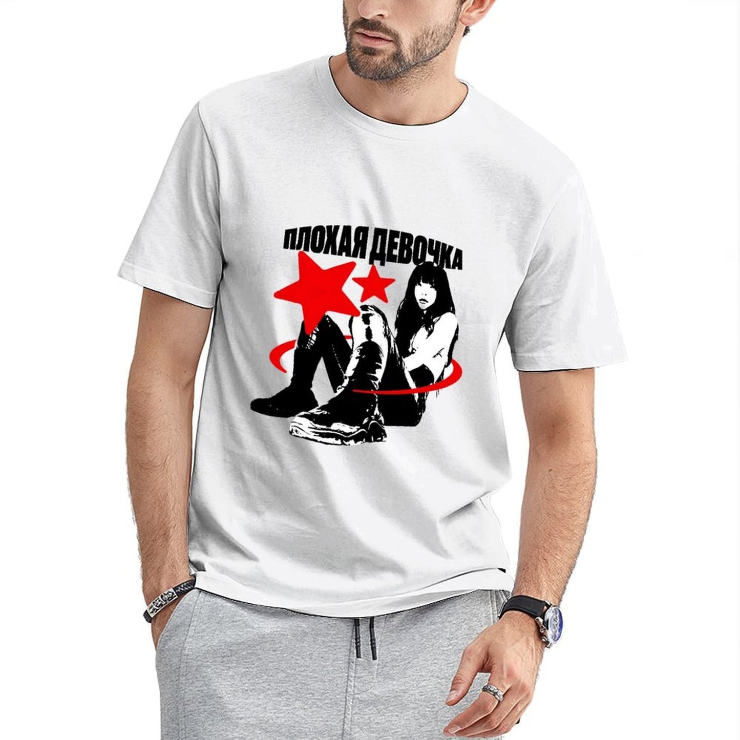 Inkmay Casual Cotton T-shirt Red Stars Over Black Figures Unisex T-shirtSleek EverydayTee T-Shirt