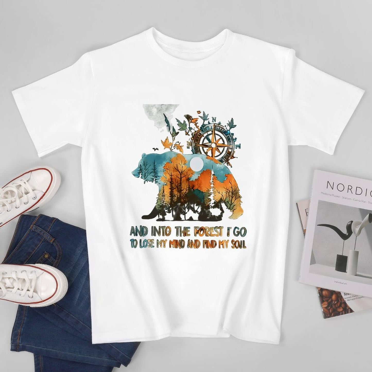 Inkmay Casual Cotton T-shirt Bear Forest Compass Nature Artwork Design Unisex T-shirtTimelessStyle Long Lasting T-Shirt