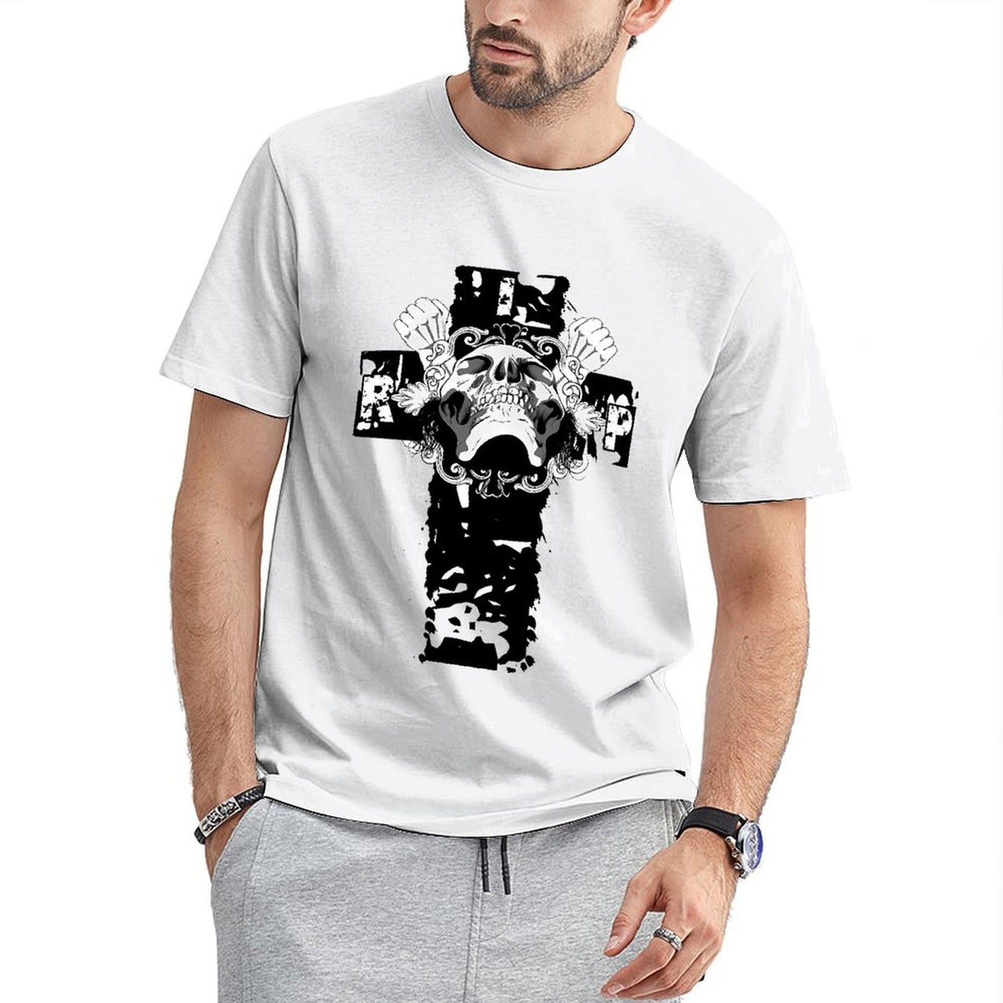 Inkmay Casual Cotton T-shirt Skull Crossbones Design With Floral Elements Unisex T-shirtMinimalist Urban T-Shirt