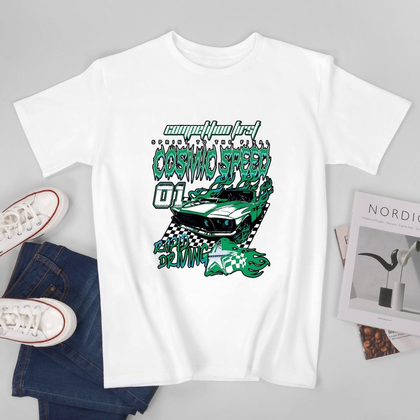 Inkmay Casual Cotton T-shirt Cosmic Speed Car Racing Design Art Unisex T-shirtHeat-Transfer Comfort T-Shirt