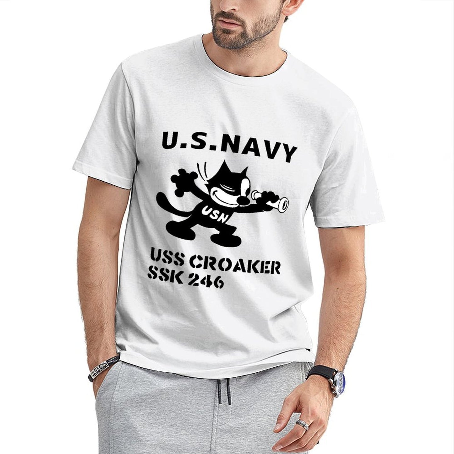 Inkmay Casual Cotton T-shirt Usn Silhouette With Trumpet And Anchor Unisex T-shirtClassic Printed T-Shirt