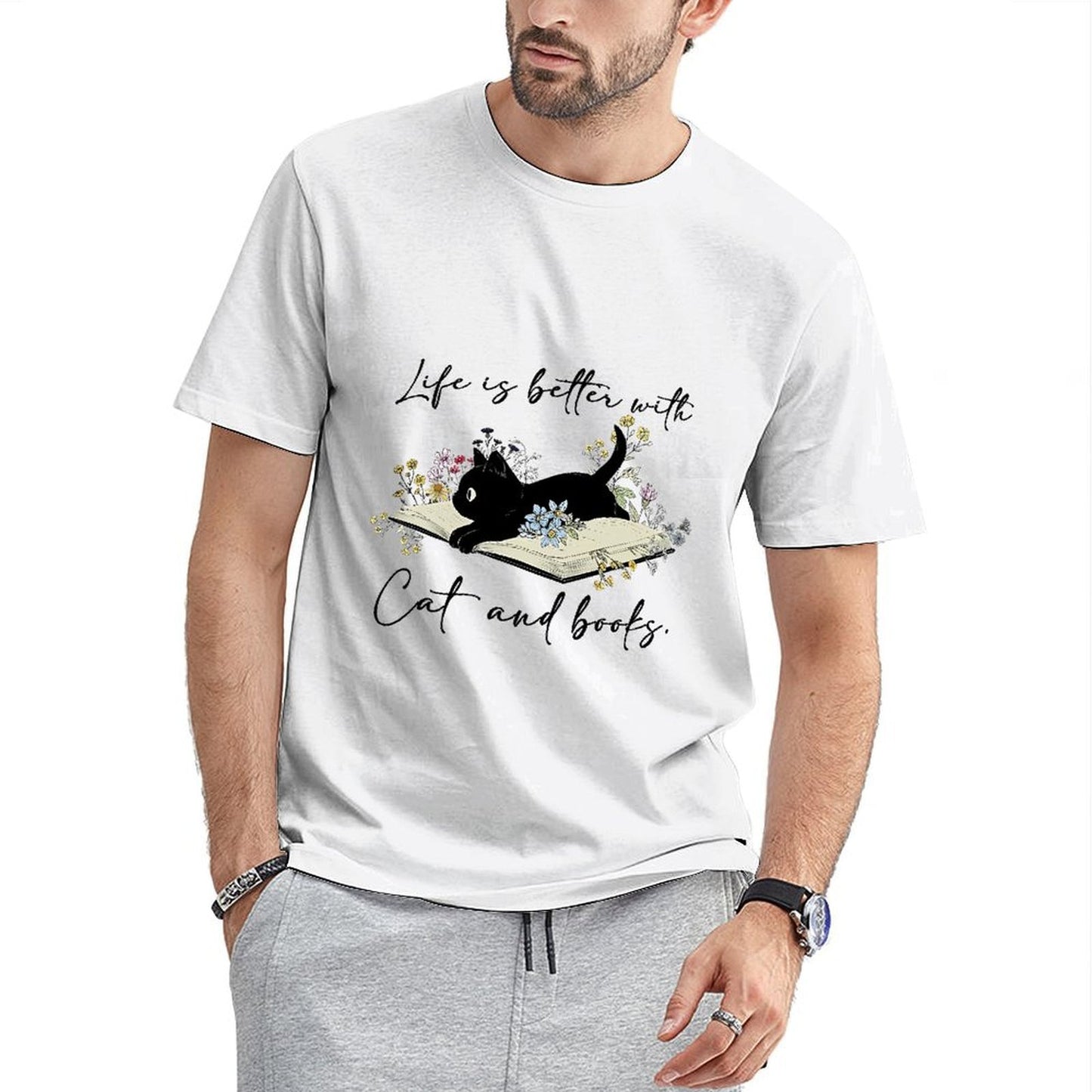 Inkmay Casual Cotton T-shirt Cat Reading Book Among Flowers Art Unisex T-shirtStandard Pure T-Shirt