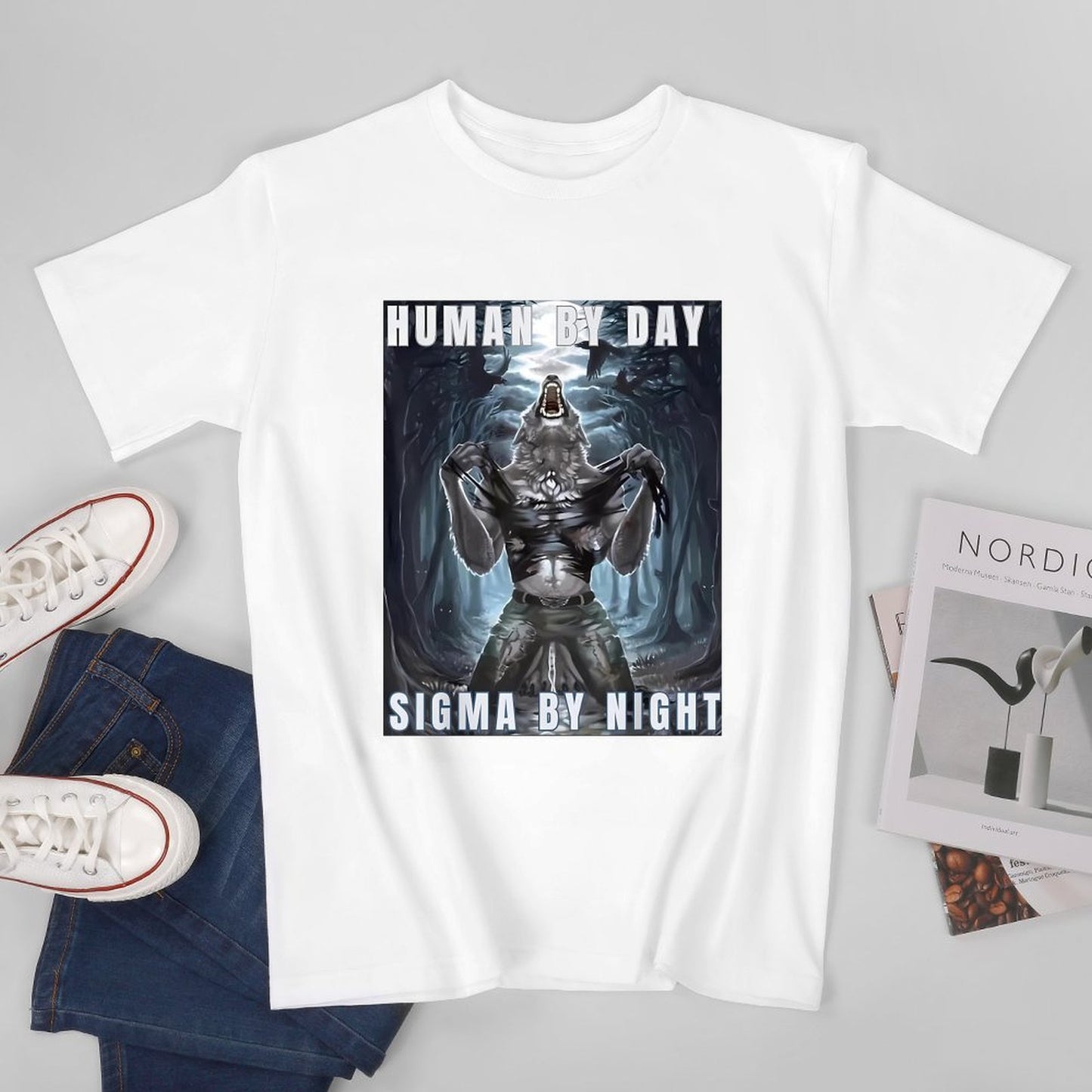 Inkmay Casual Cotton T-shirt Werewolf Transformation Artwork Night Scene Fantasy Unisex T-shirtSoftWear Premium T-Shirt