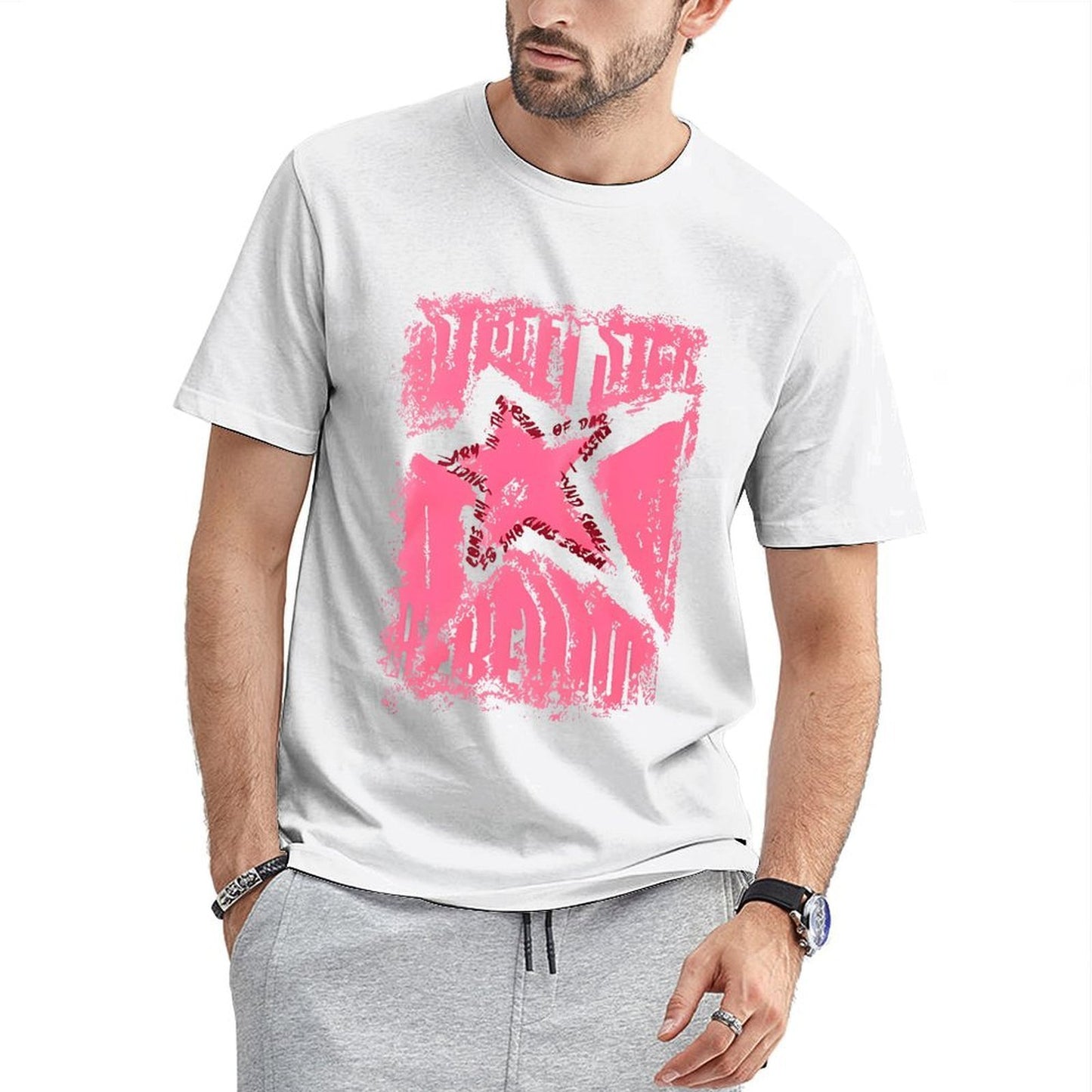 Inkmay Casual Cotton T-shirt Pink Grunge Star With Text Overlays Unisex T-shirtRetro Men¡¯s / Women¡¯s / Youth T-Shirt
