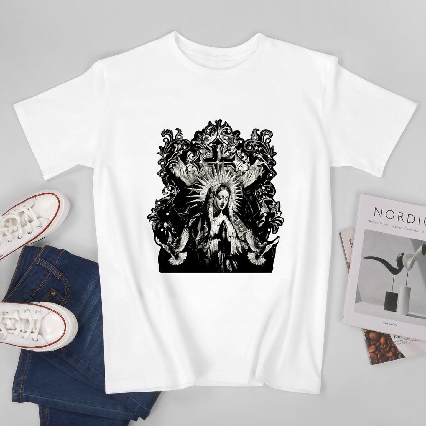 Inkmay Casual Cotton T-shirt Virgin Mary With Radiant Halo Wings Unisex T-shirtOversized Premium Finish T-Shirt