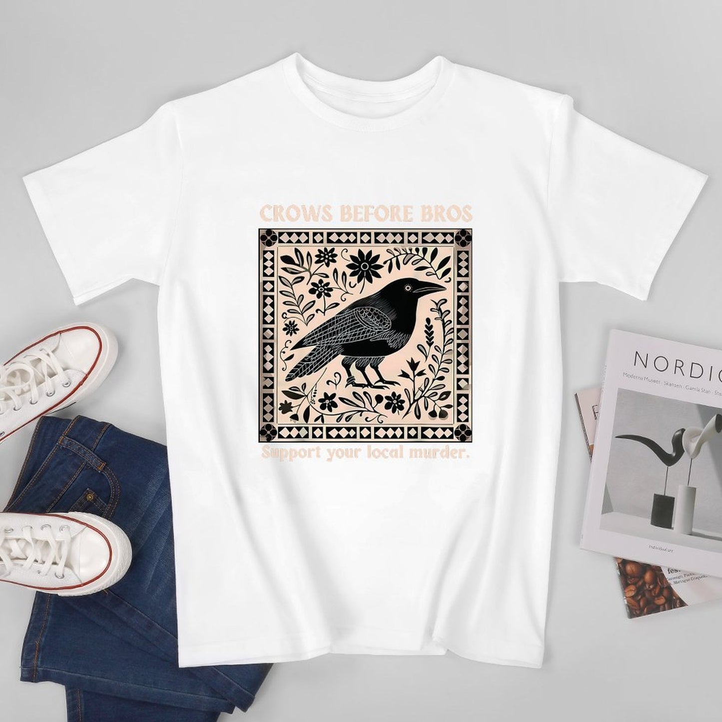 Inkmay Casual Cotton T-shirt Bird Floral Design On Beige Background Unisex T-shirtTrueFit Midweight T-Shirt