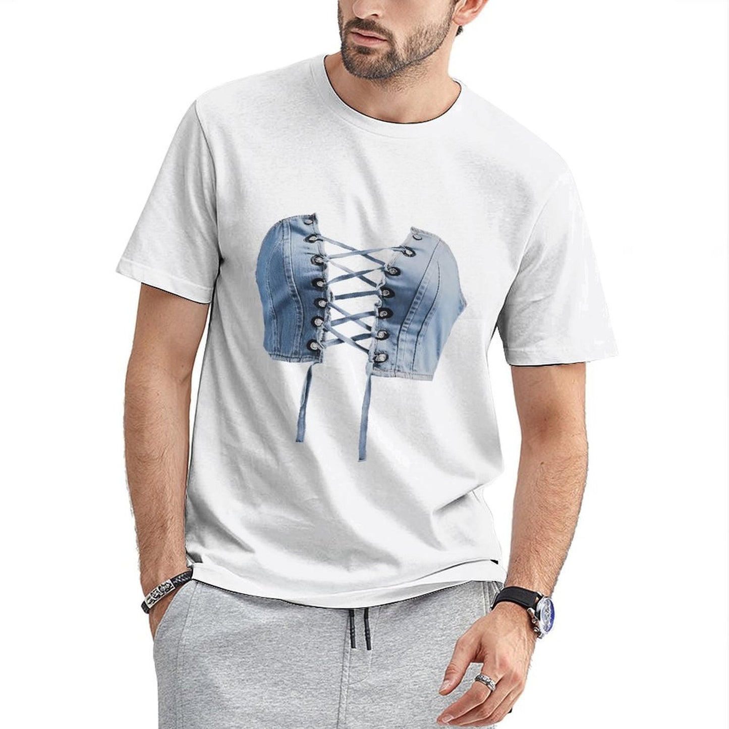 Inkmay Casual Cotton T-shirt Denim Material With Lace Up Design Unisex T-shirtShrink-Resistant Fade-Proof T-Shirt