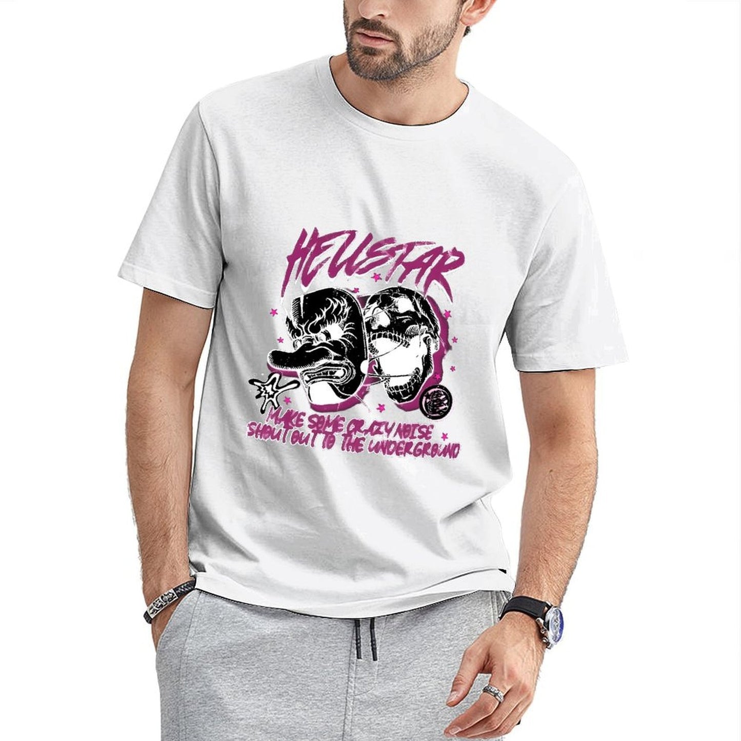 Inkmay Casual Cotton T-shirt Heustar Mask Art With Pink Stars Unisex T-shirtFade-Resistant Sharp T-Shirt
