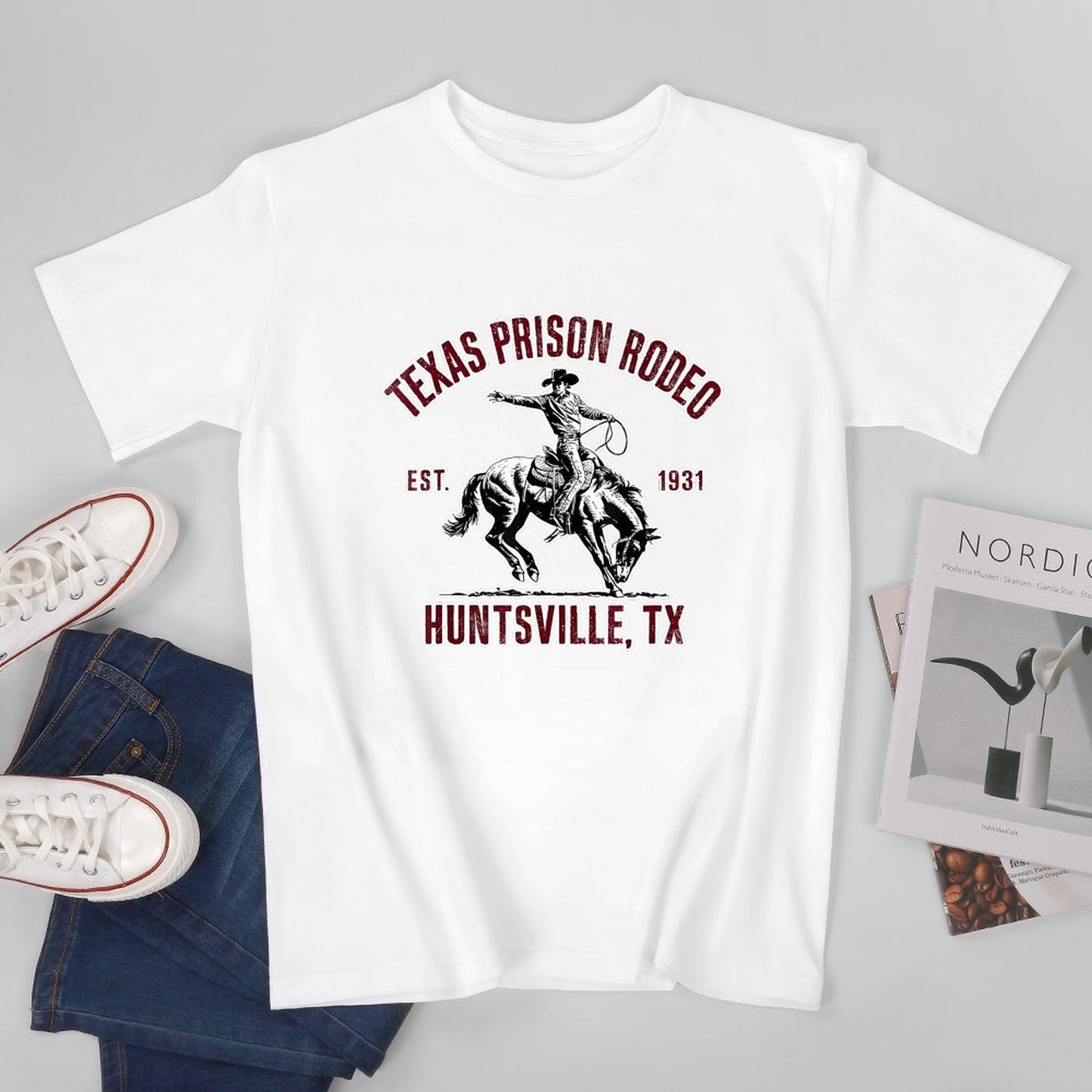 Inkmay Casual Cotton T-shirt Texas Prison Rodeo Cowboy Riding Horse Unisex T-shirtNatural Pocket Tee T-Shirt