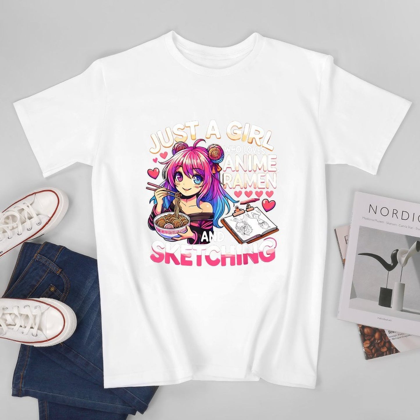 Inkmay Casual Cotton T-shirt Anime Girl Eating Ramen And Unisex T-shirtTimeless Breathable T-Shirt