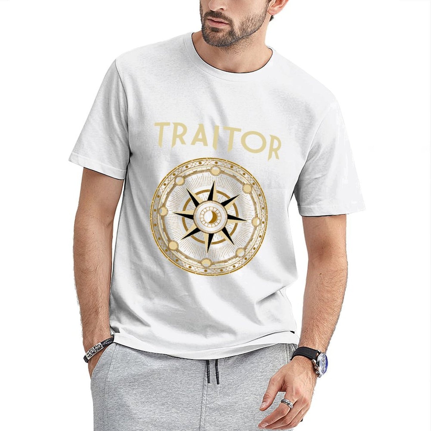 Inkmay Casual Cotton T-shirt Circular Compass Design With Gold Accents Unisex T-shirtLightweight Urban T-Shirt