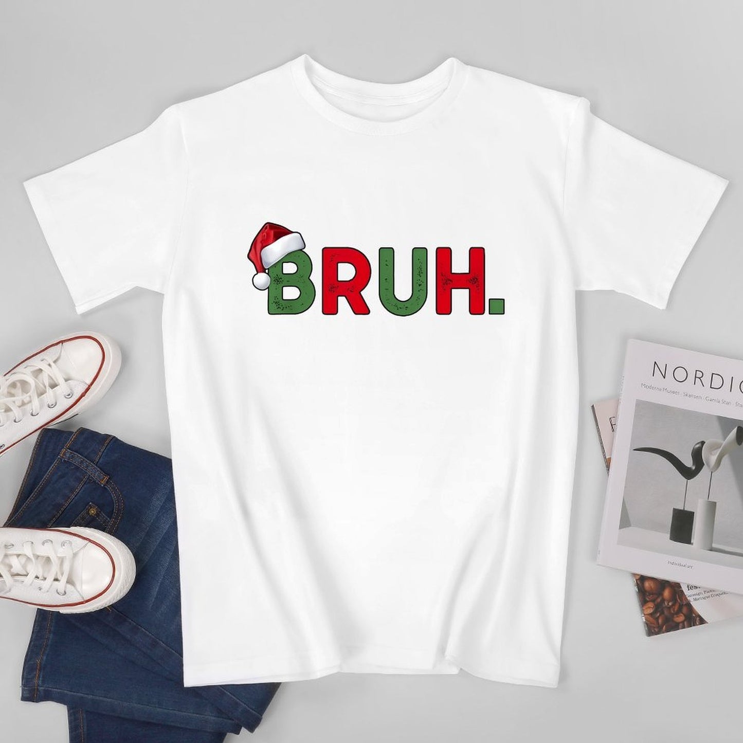 Inkmay Casual Cotton T-shirt Christmas Themed Bruh Text With Snowflakes Unisex T-shirtFade-Proof Refined T-Shirt