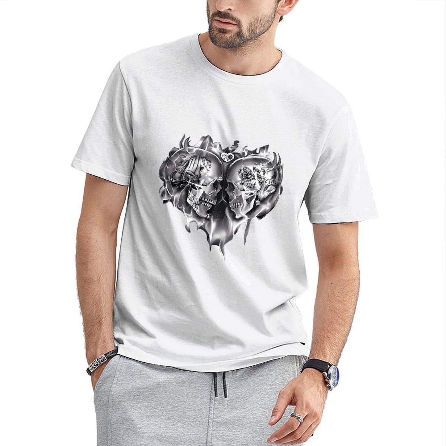 Inkmay Casual Cotton T-shirt Skull Flames Heart Design Art Print Unisex T-shirtSignature Weekend T-Shirt