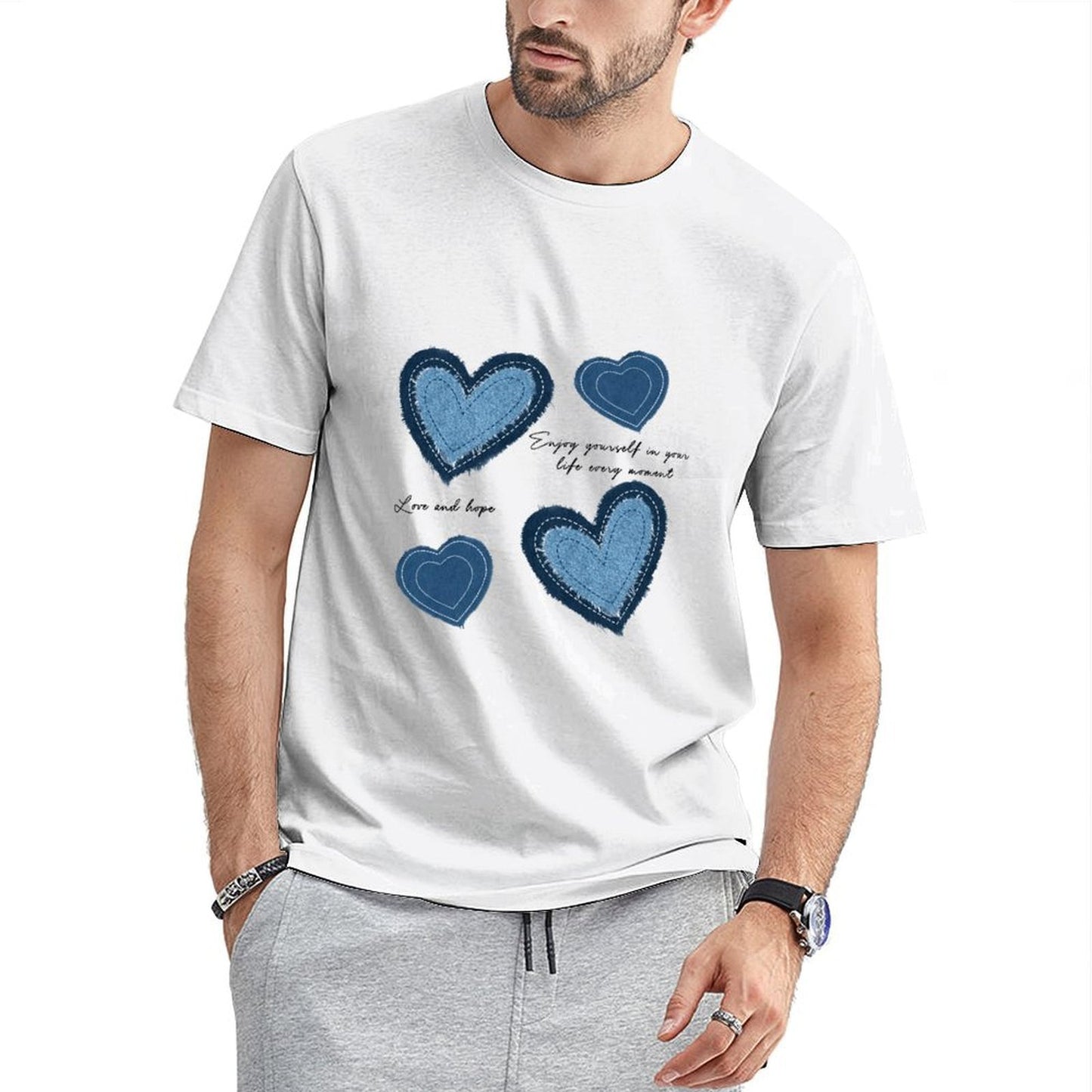 Inkmay Casual Cotton T-shirt Heart Shapes In Denim Style Prints Unisex T-shirtSmoothWear Classic T-Shirt