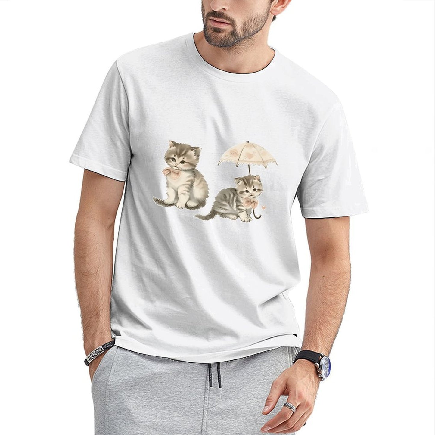 Inkmay Casual Cotton T-shirt Cute Kittens With Umbrella And Bow Unisex T-shirtSoftstyle Clean Edges T-Shirt