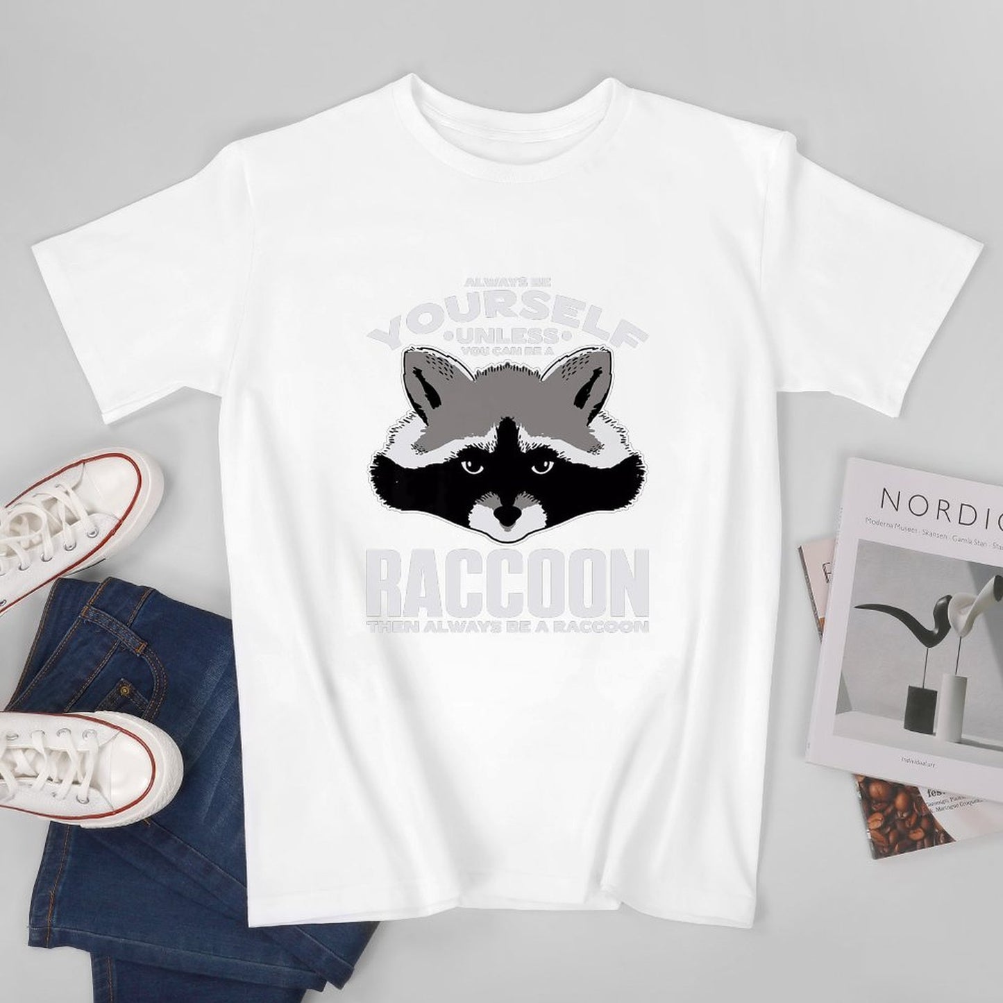 Inkmay Casual Cotton T-shirt Raccoon Face With Text Overlay Unisex T-shirt