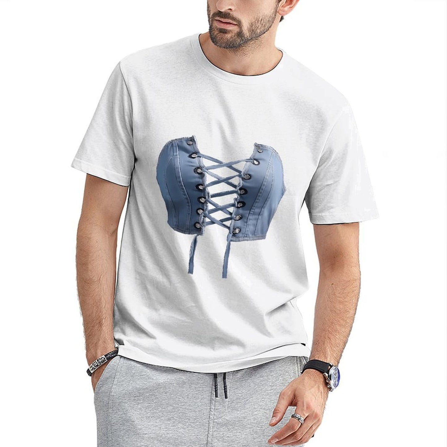 Inkmay Casual Cotton T-shirt Blue Satin Corset With Laceups Unisex T-shirtSimple Heavyweight T-Shirt