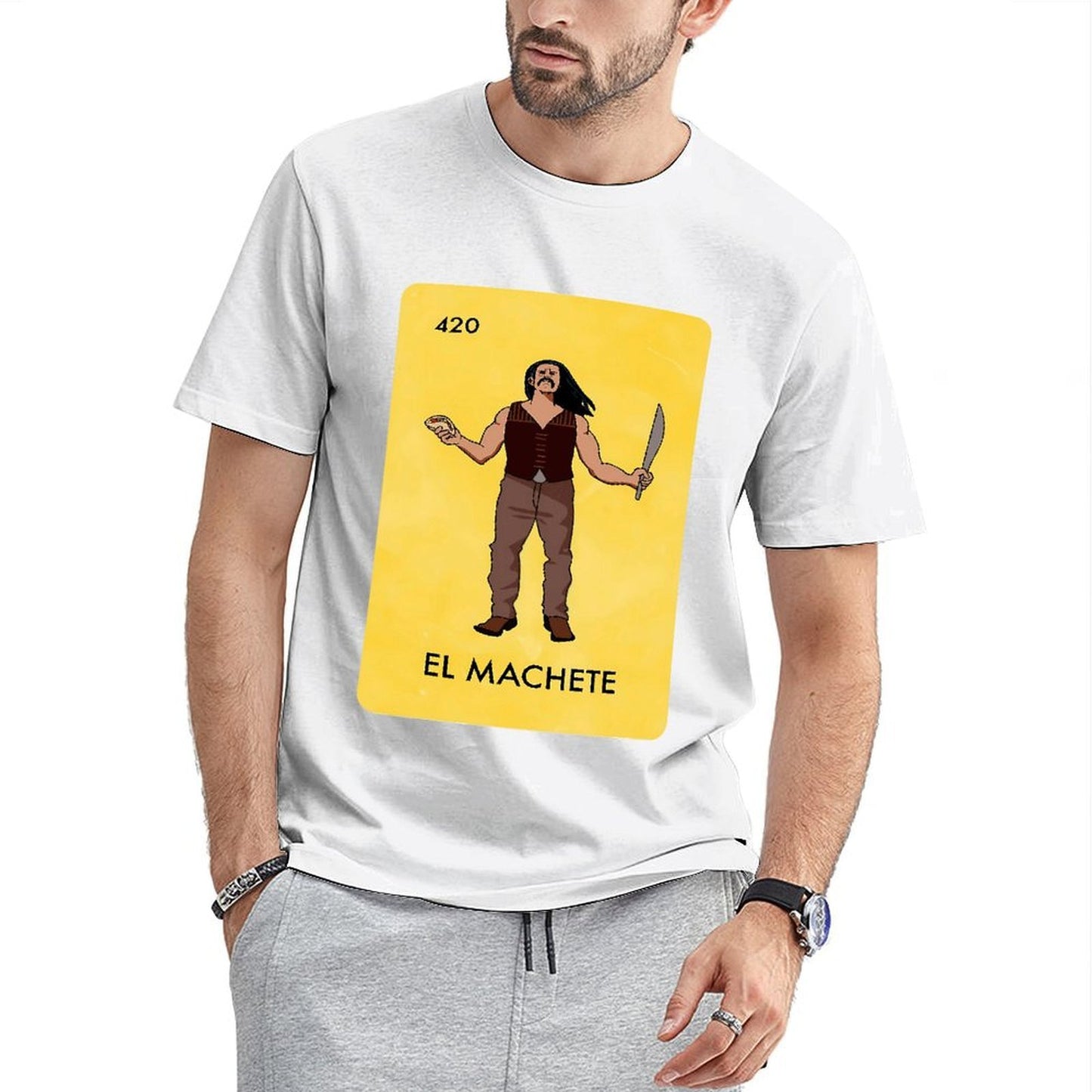 Inkmay Casual Cotton T-shirt Man Holding Machete In Yellow Background Unisex T-shirtUltra Durable Strong T-Shirt